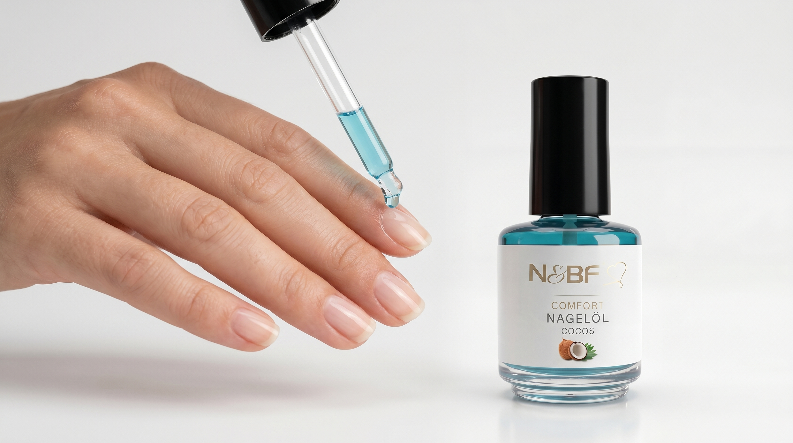 Nagelöl wird auf die Nagelhaut gegeben, daneben das N&BF Comfort Nagelöl Cocos