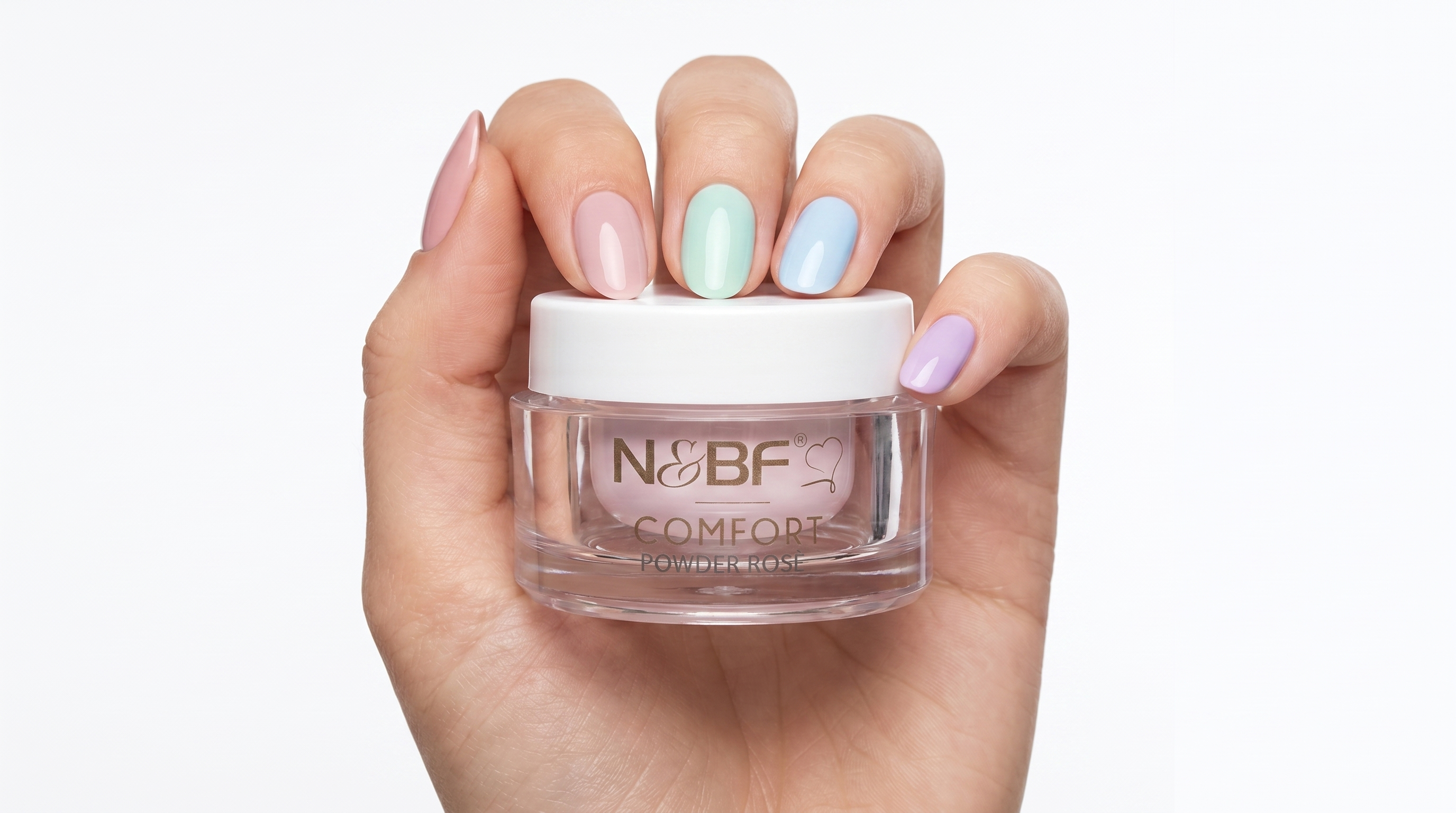 Pastell Nägel in Rosa, Mint, Babyblau und Lavendel mit dem N&BF Comfort Farbgel