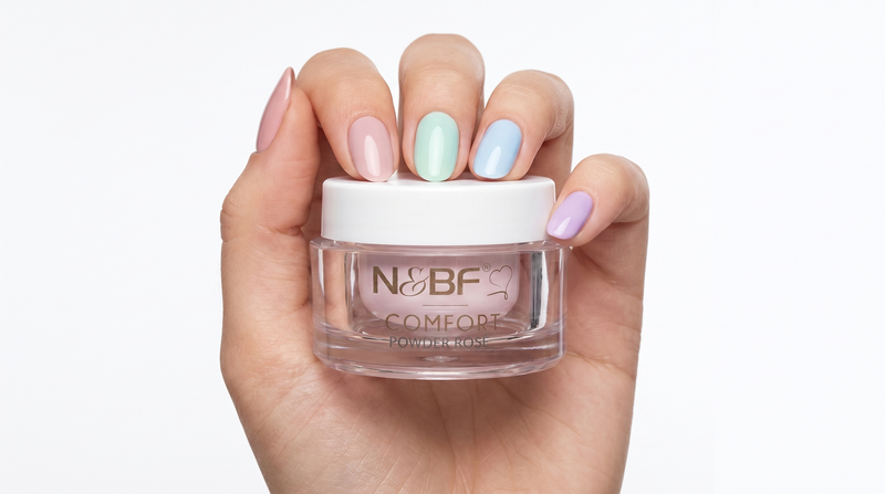 Pastell Nägel in Rosa, Mint, Babyblau und Lavendel mit dem N&BF Comfort Farbgel
