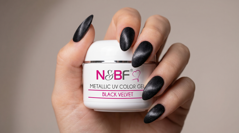 Velvet Nägel mit Samt-Schimmer und dem N&BF Metallic Gel Black Velvet