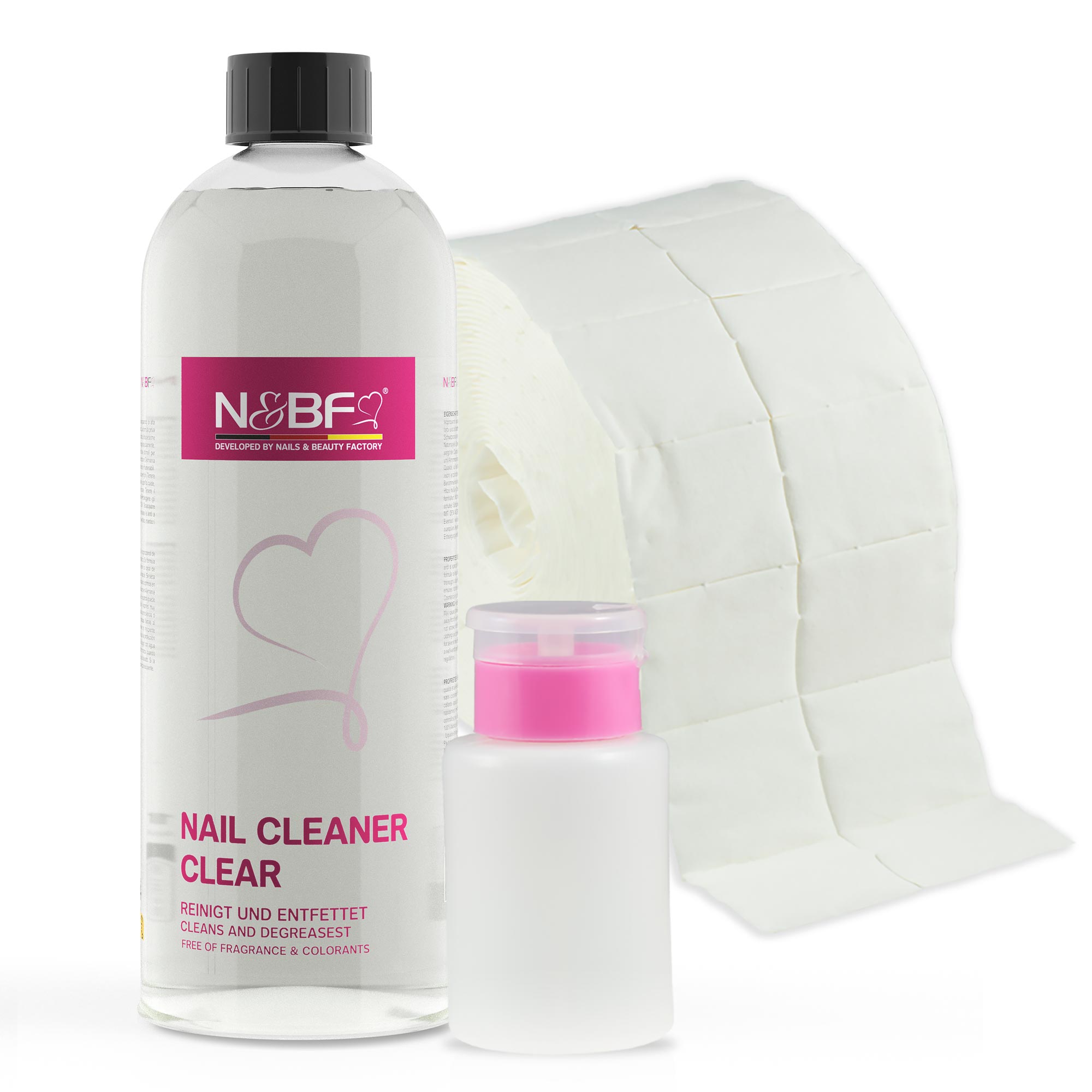 N&BF N&BF Nagel Cleaner 1000ml + Zelletten (2x500 Tupfer) & Dispenser Rosa Produktbild
