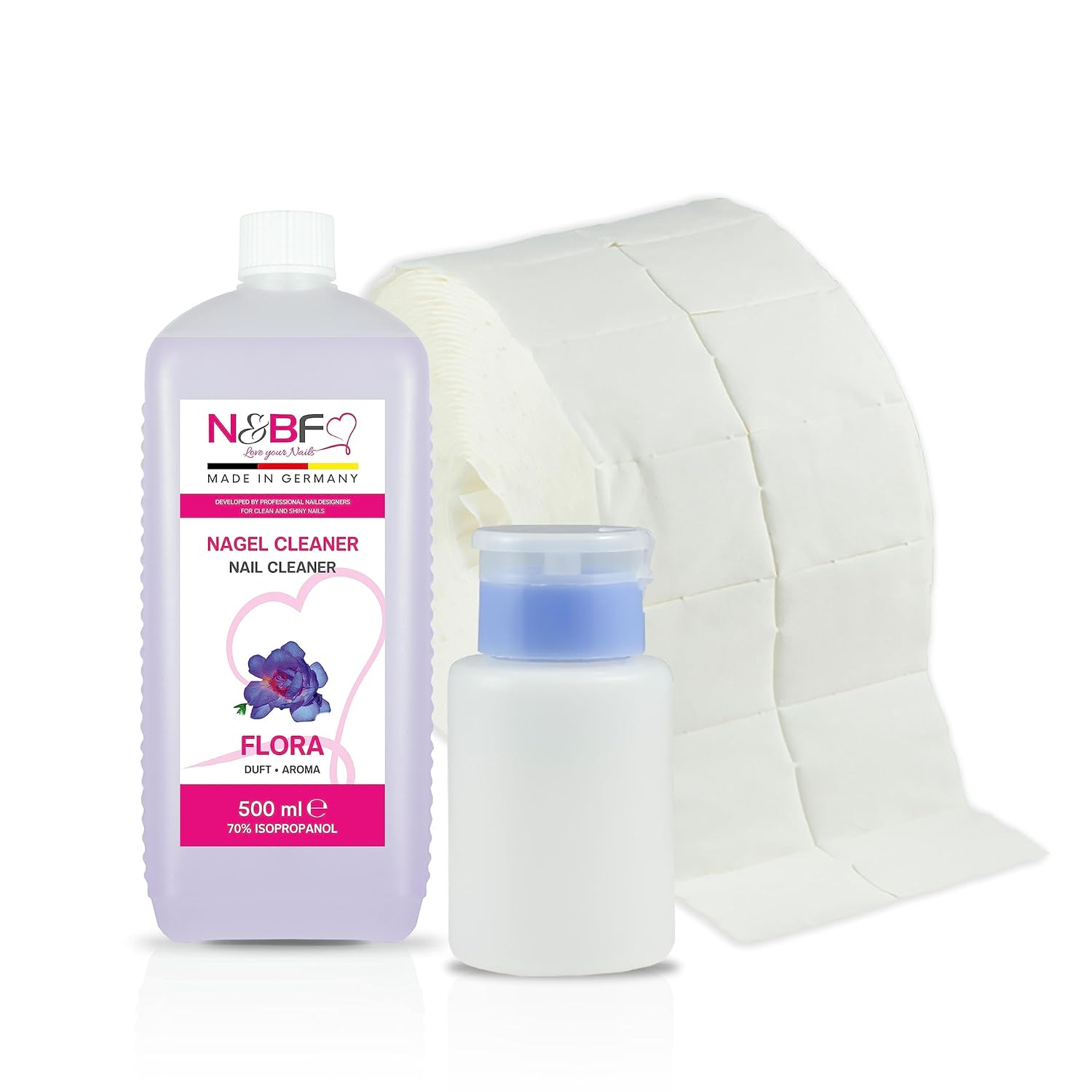 N&BF Nagel Cleaner Flora Duft 500ml  +  Zellettenrolle 1000 Stück & Dispenser Rosa Anwendung und Zubehör