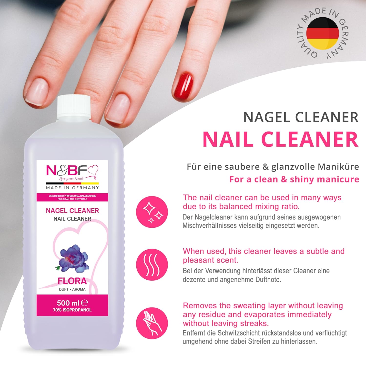N&BF Nagel Cleaner Flora Duft 500ml  +  Zellettenrolle 1000 Stück & Dispenser Rosa Dispenser Detail