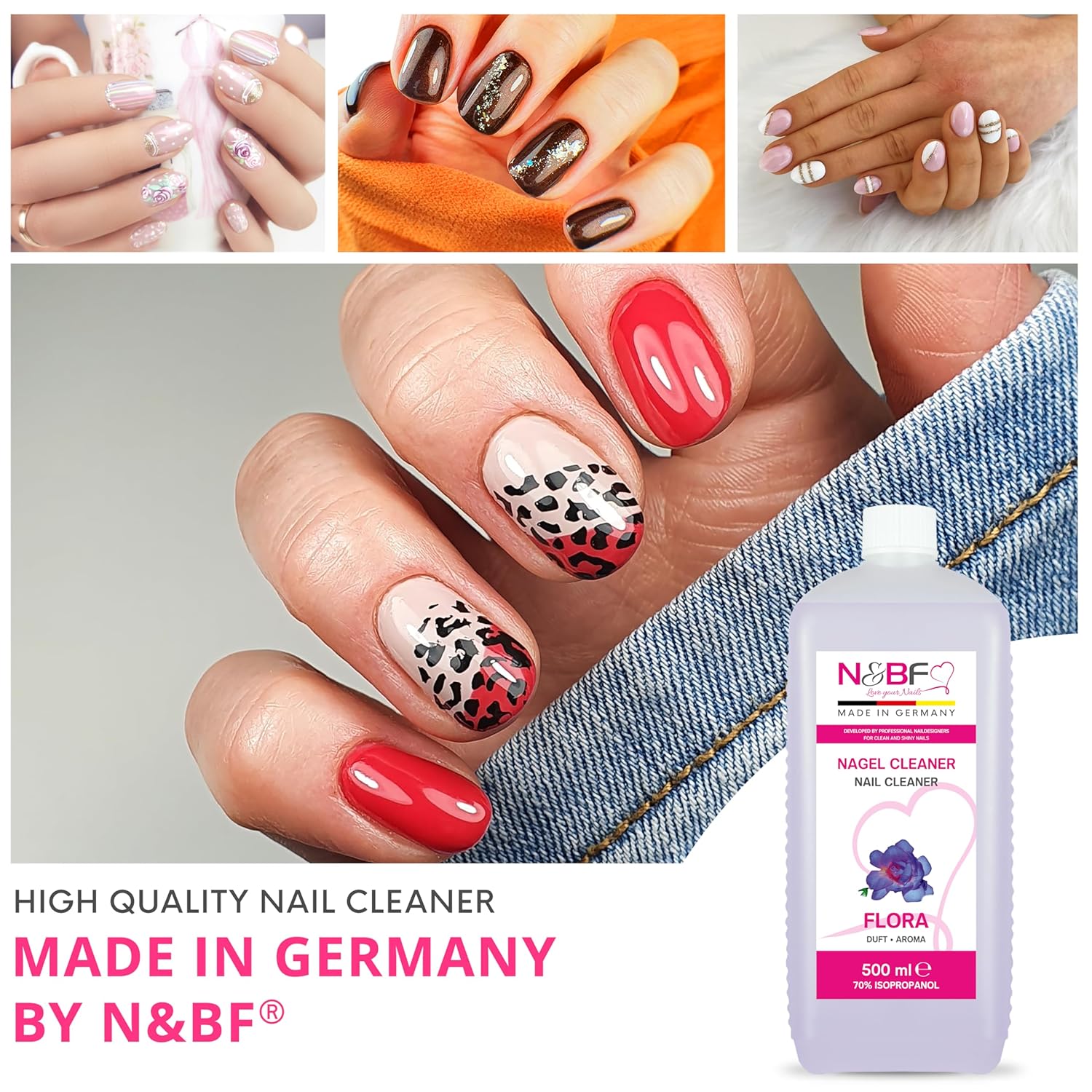 N&BF Nagel Cleaner Flora Duft 500ml  +  Zellettenrolle 1000 Stück & Dispenser Rosa Anwendung und Zubehör