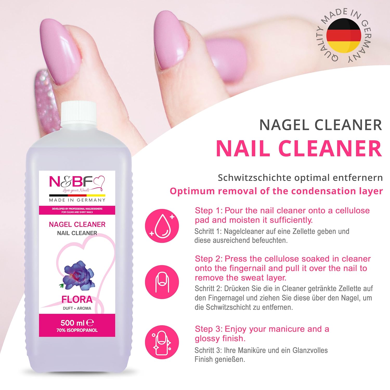 N&BF Nagel Cleaner Flora Duft 500ml  +  Zellettenrolle 1000 Stück & Dispenser Rosa Anwendung und Zubehör
