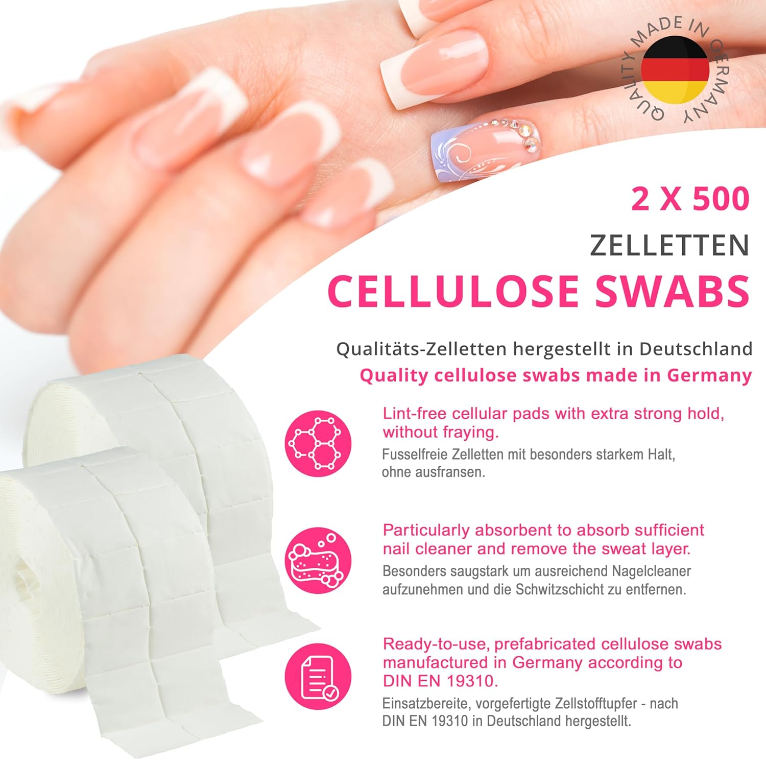 N&BF Nagel Cleaner Flora Duft 500ml  +  Zellettenrolle 1000 Stück & Dispenser Rosa Anwendung und Zubehör