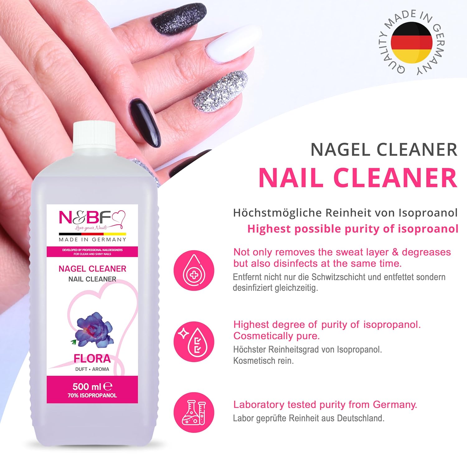 N&BF Nagel Cleaner Flora Duft 500ml  +  Zellettenrolle 1000 Stück & Dispenser Rosa Anwendung und Zubehör