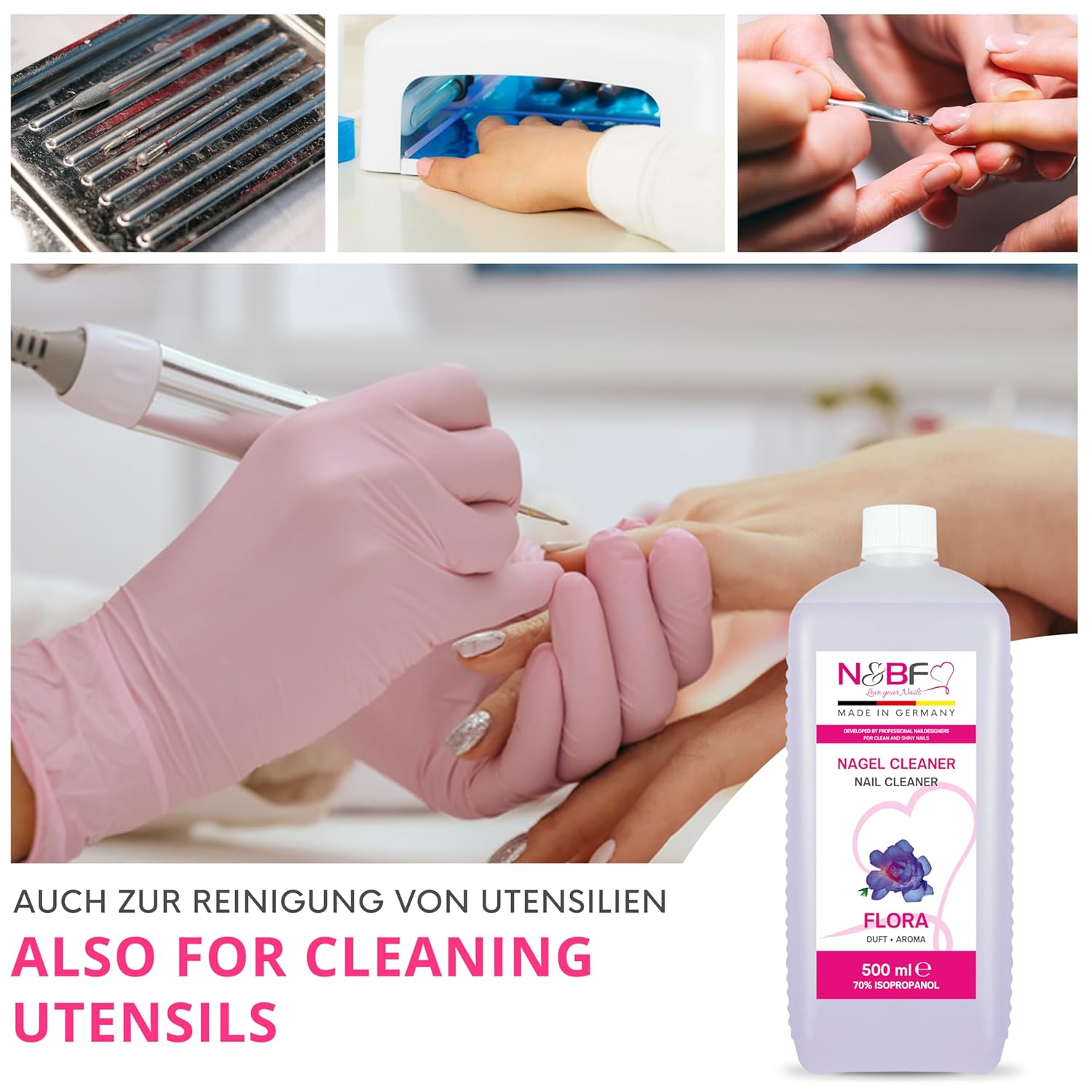 N&BF Nagel Cleaner Flora Duft 500ml  +  Zellettenrolle 1000 Stück & Dispenser Rosa Anwendung und Zubehör
