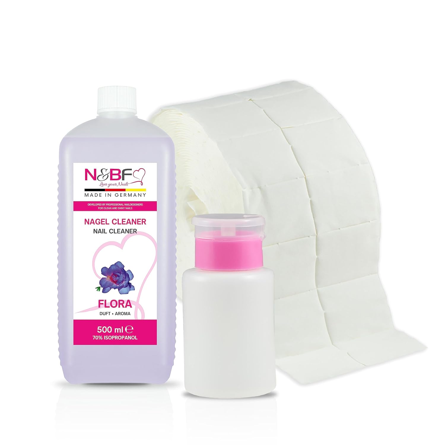 N&BF Nagel Cleaner Flora Duft 500ml  +  Zellettenrolle 1000 Stück & Dispenser Rosa Produktbild