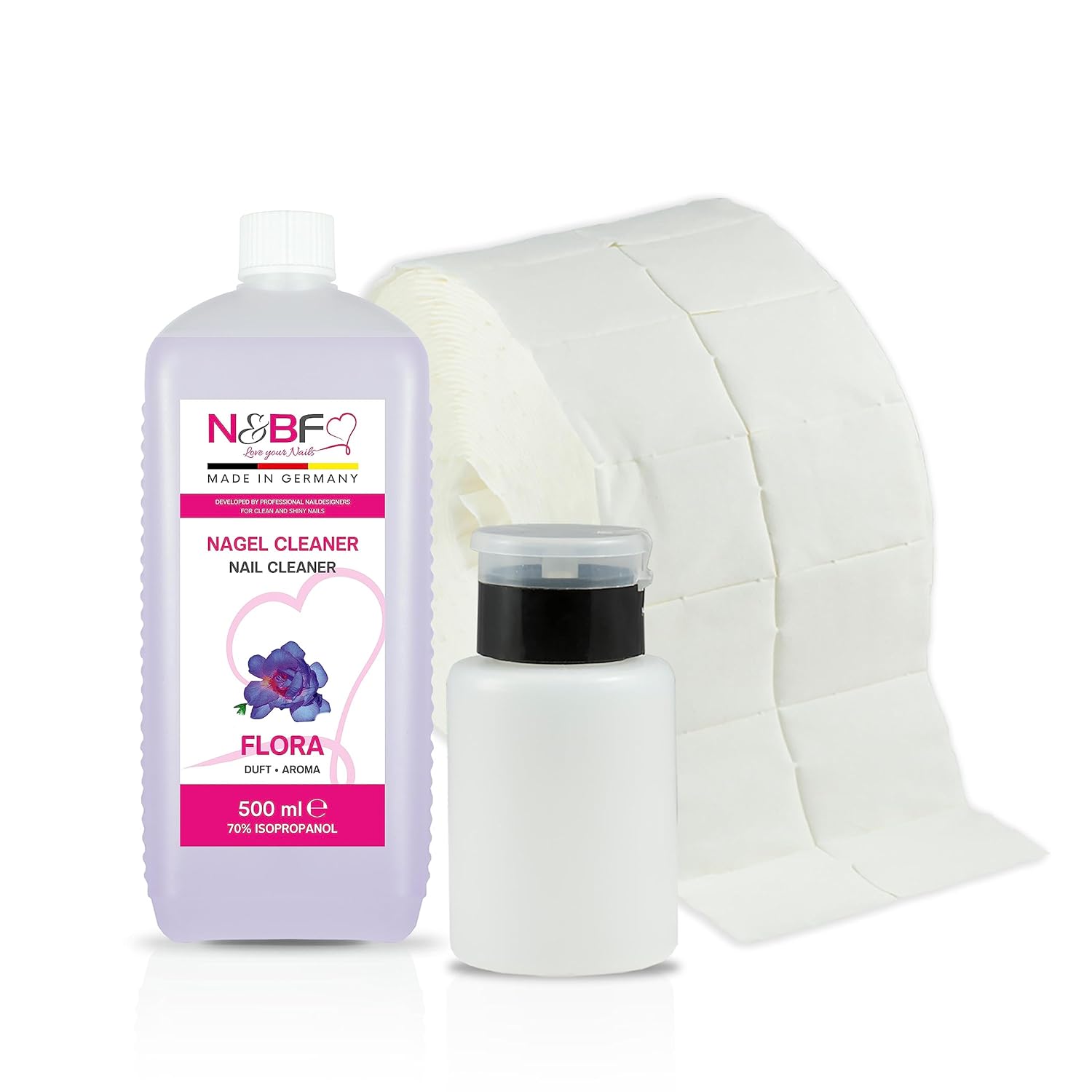 N&BF Nagel Cleaner Flora Duft 500ml  +  Zellettenrolle 1000 Stück & Dispenser Rosa Anwendung und Zubehör