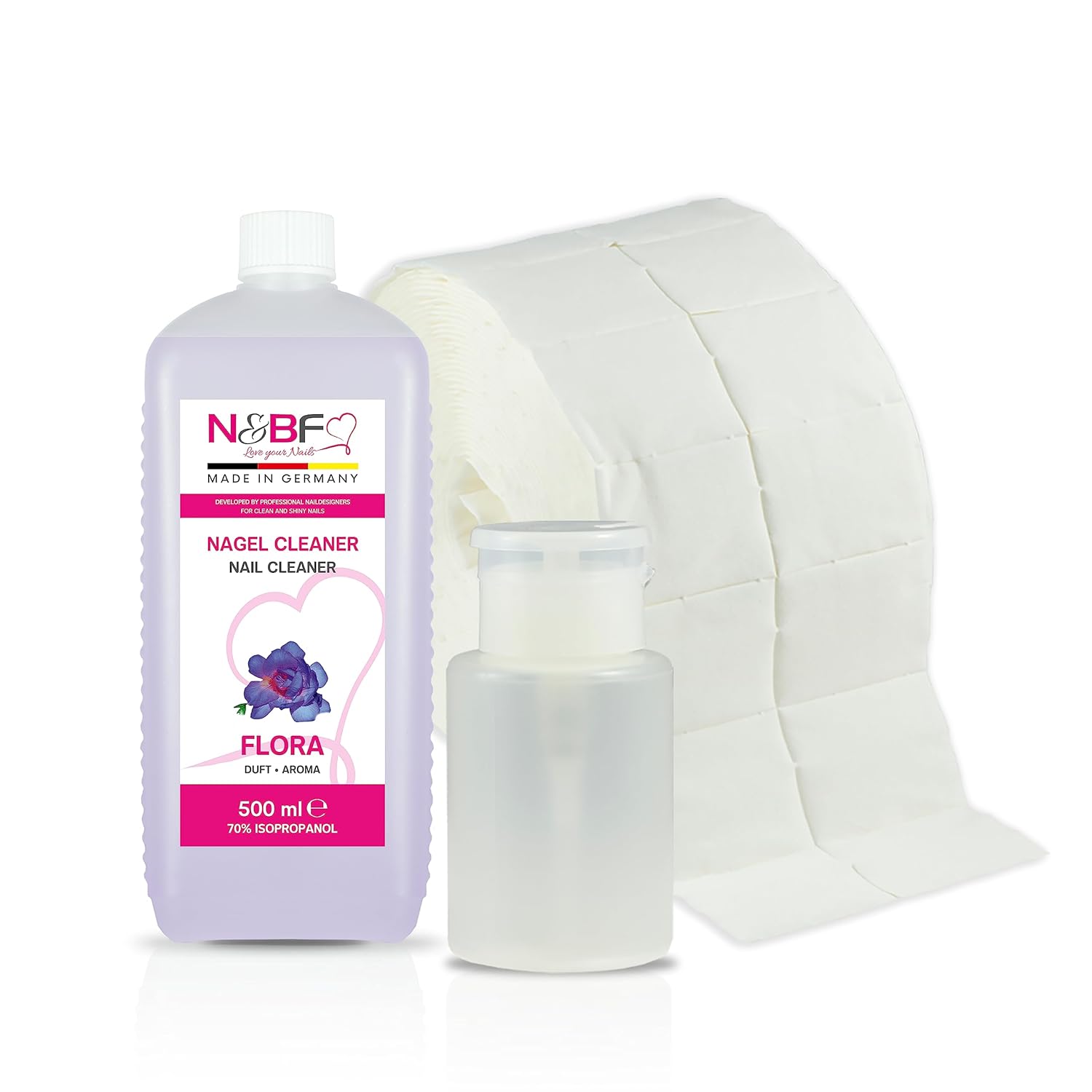 N&BF Nagel Cleaner Flora Duft 500ml  +  Zellettenrolle 1000 Stück & Dispenser Rosa Anwendung und Zubehör