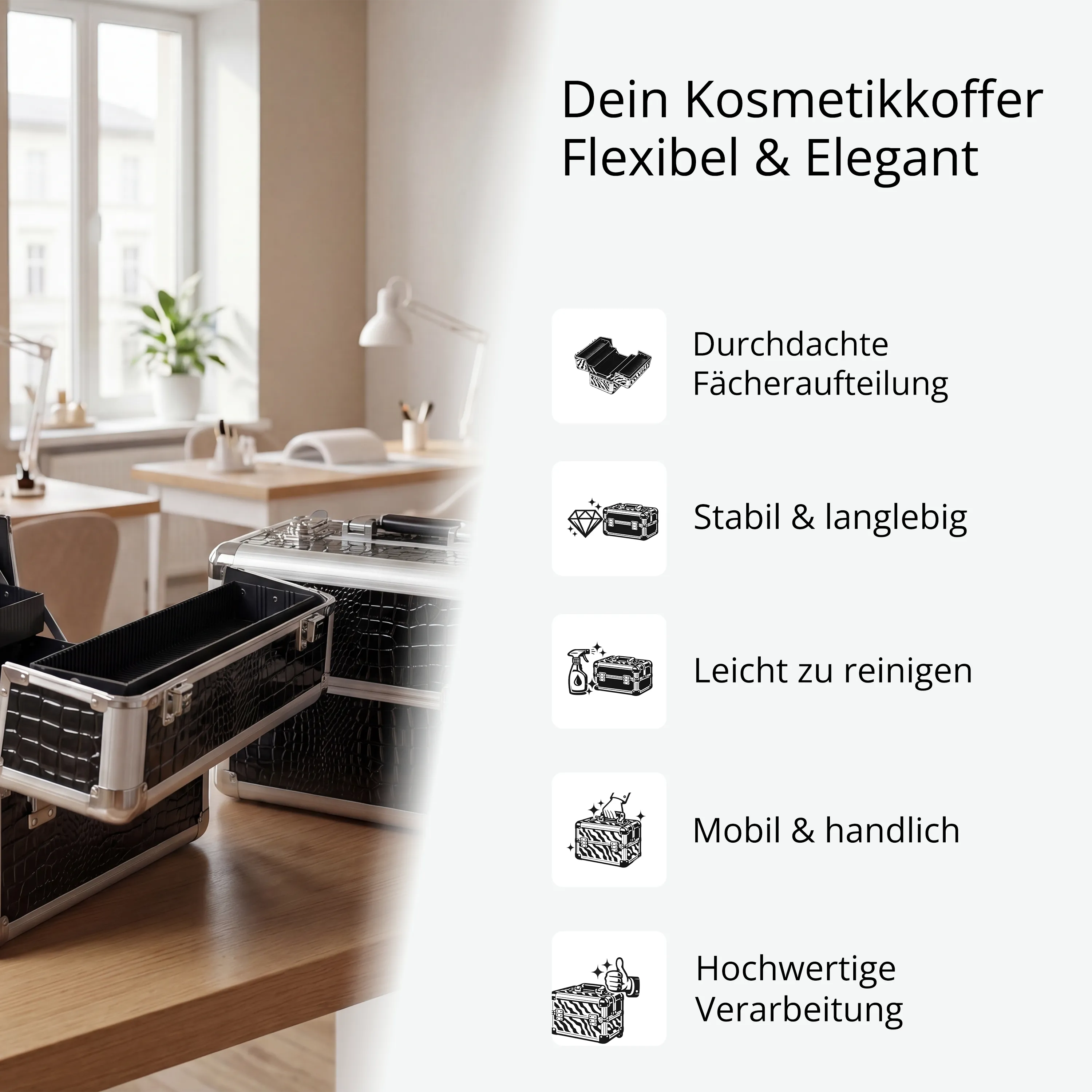 Kosmetikkoffer kompakt Schwarz Croco Design rund