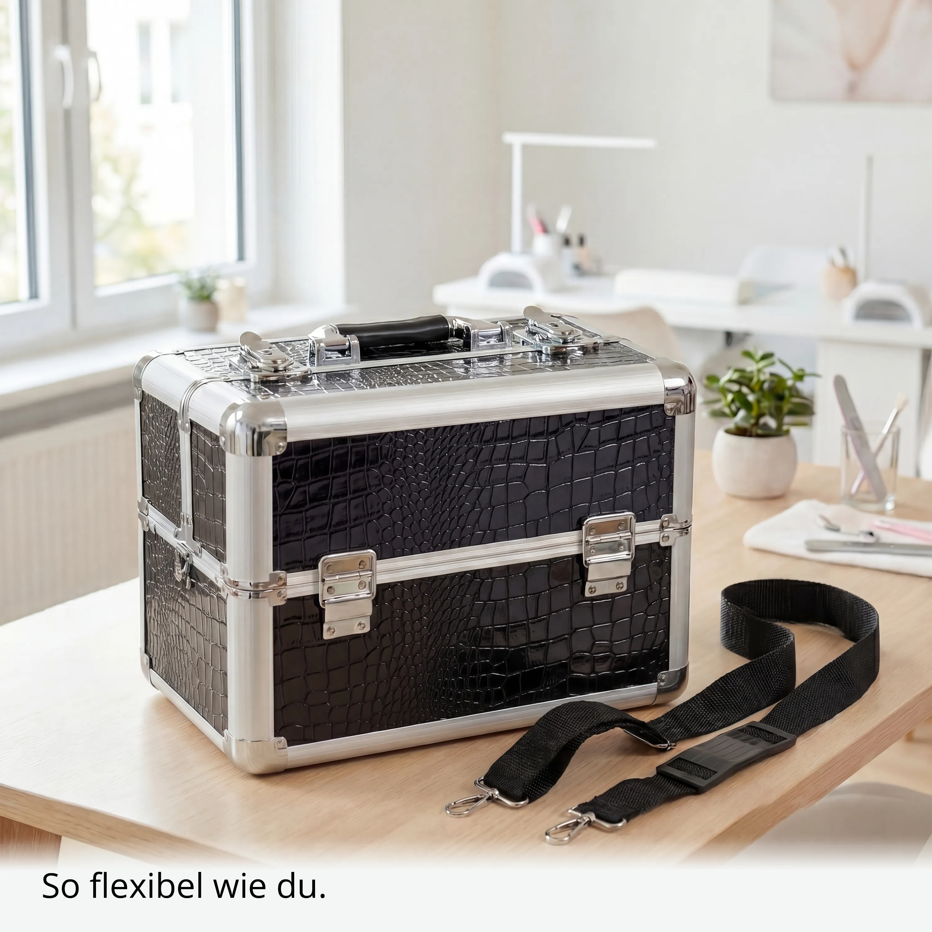 Kosmetikkoffer kompakt Schwarz Croco Design rund