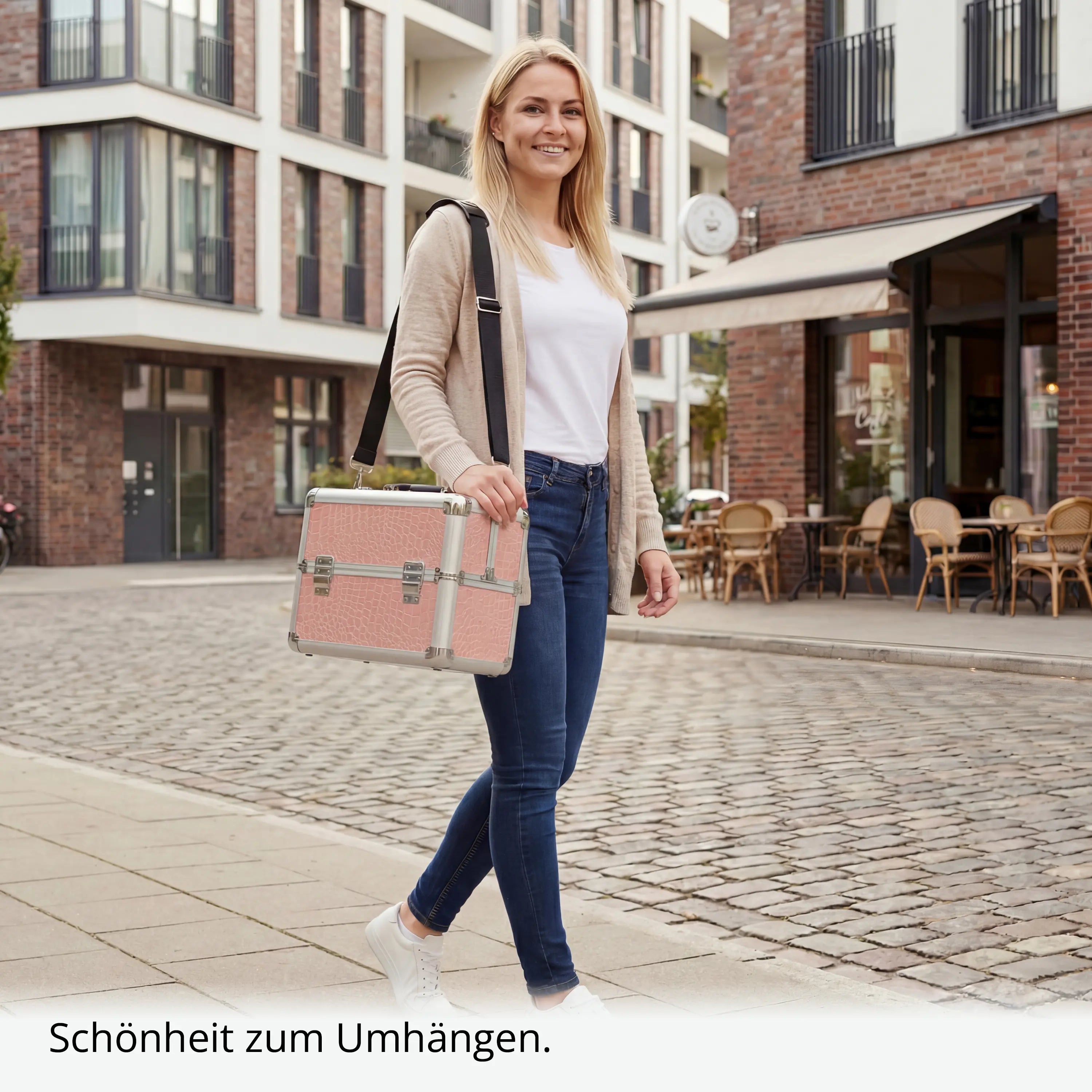 Kosmetikkoffer kompakt Pink Croco Design rund
