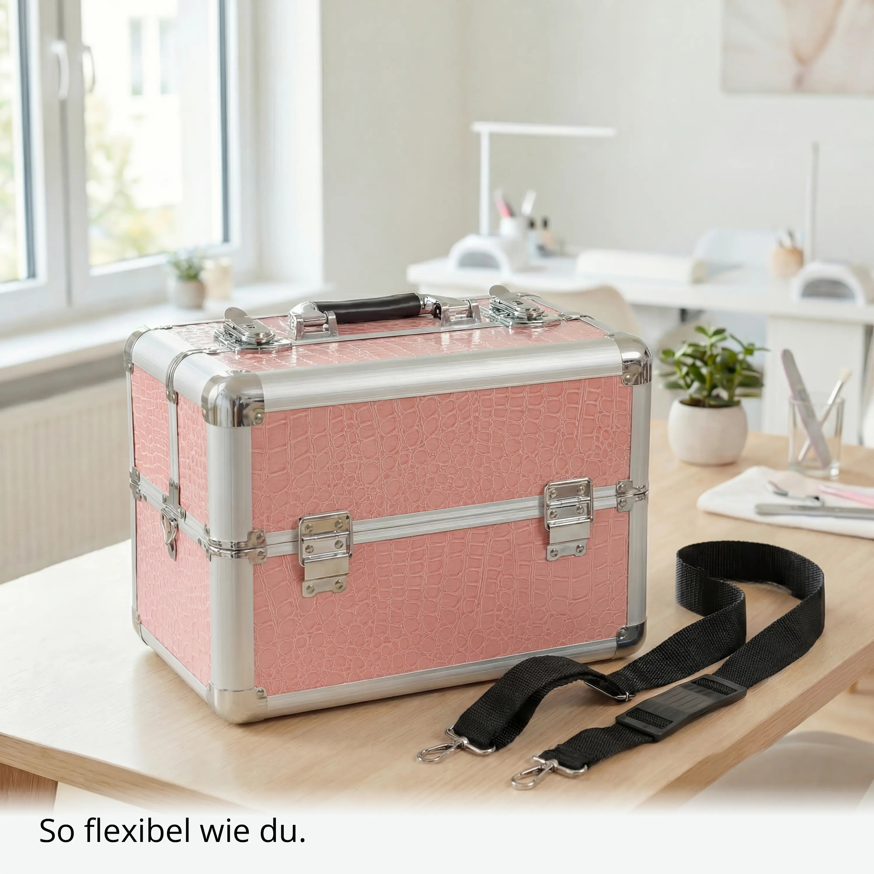 Kosmetikkoffer kompakt Pink Croco Design rund