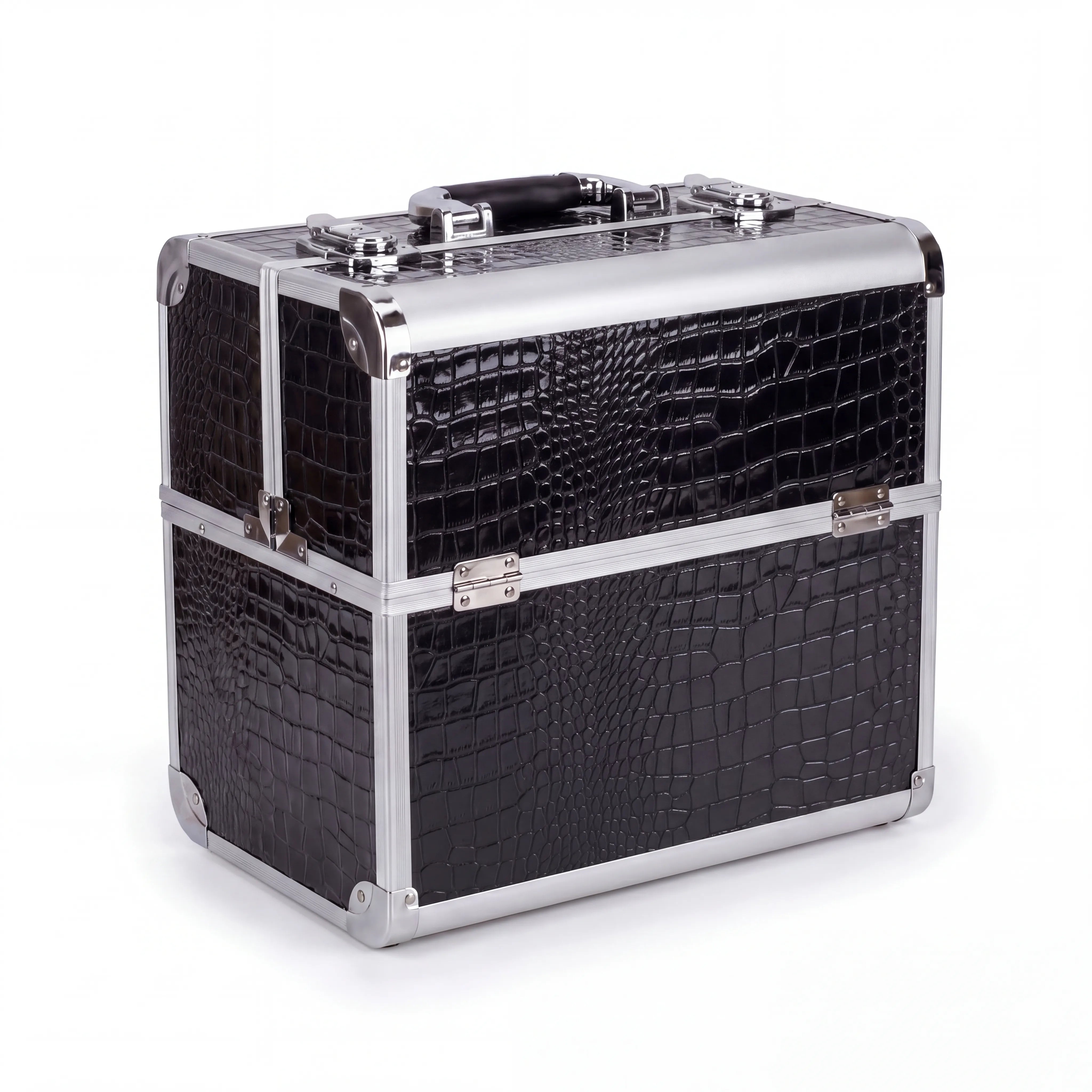 Kosmetikkoffer Aluminium Schwarz Croco Design Rund