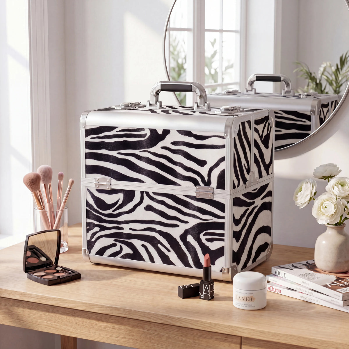 Kosmetikkoffer Aluminium Zebra Design rund