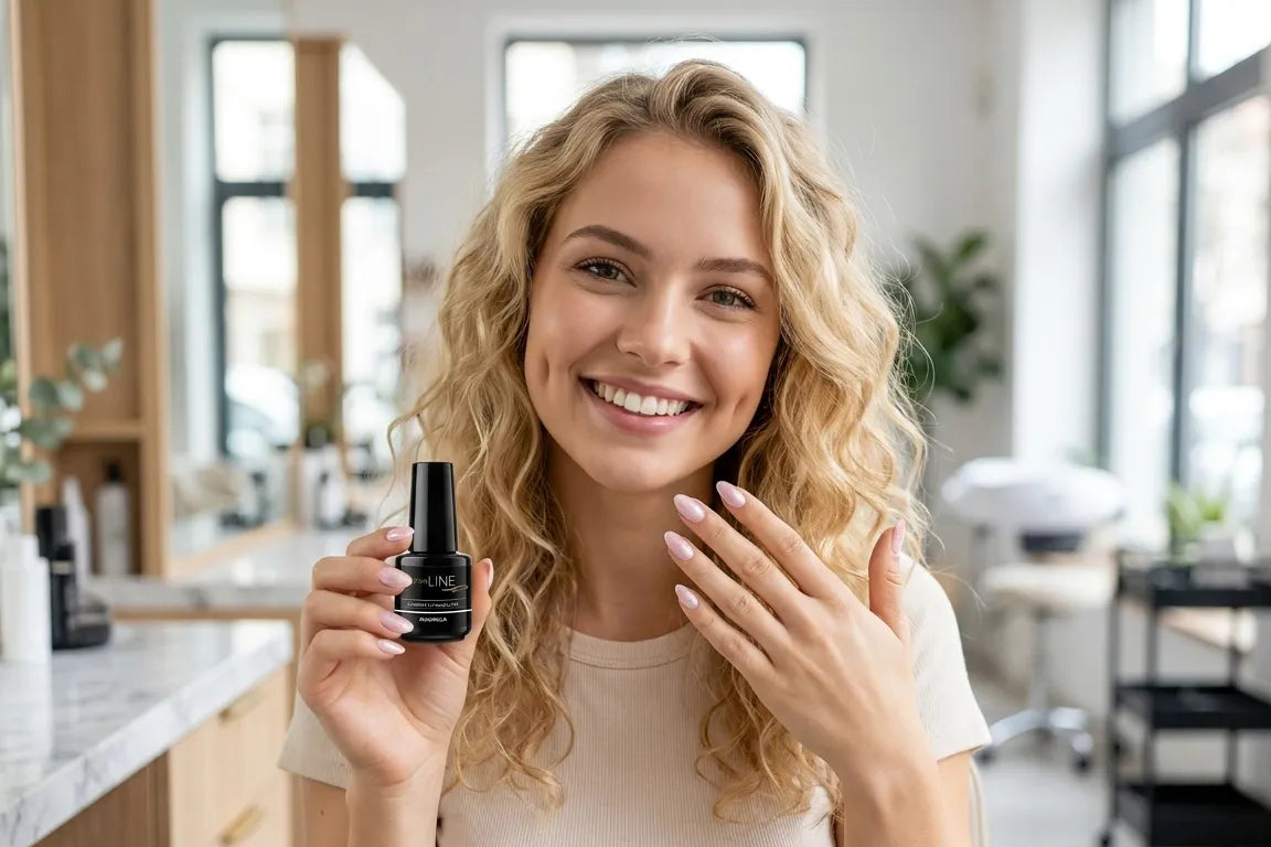 Selection Line UV Gellack Magnolia mit glänzendem Nageldesign im Beauty-Studio