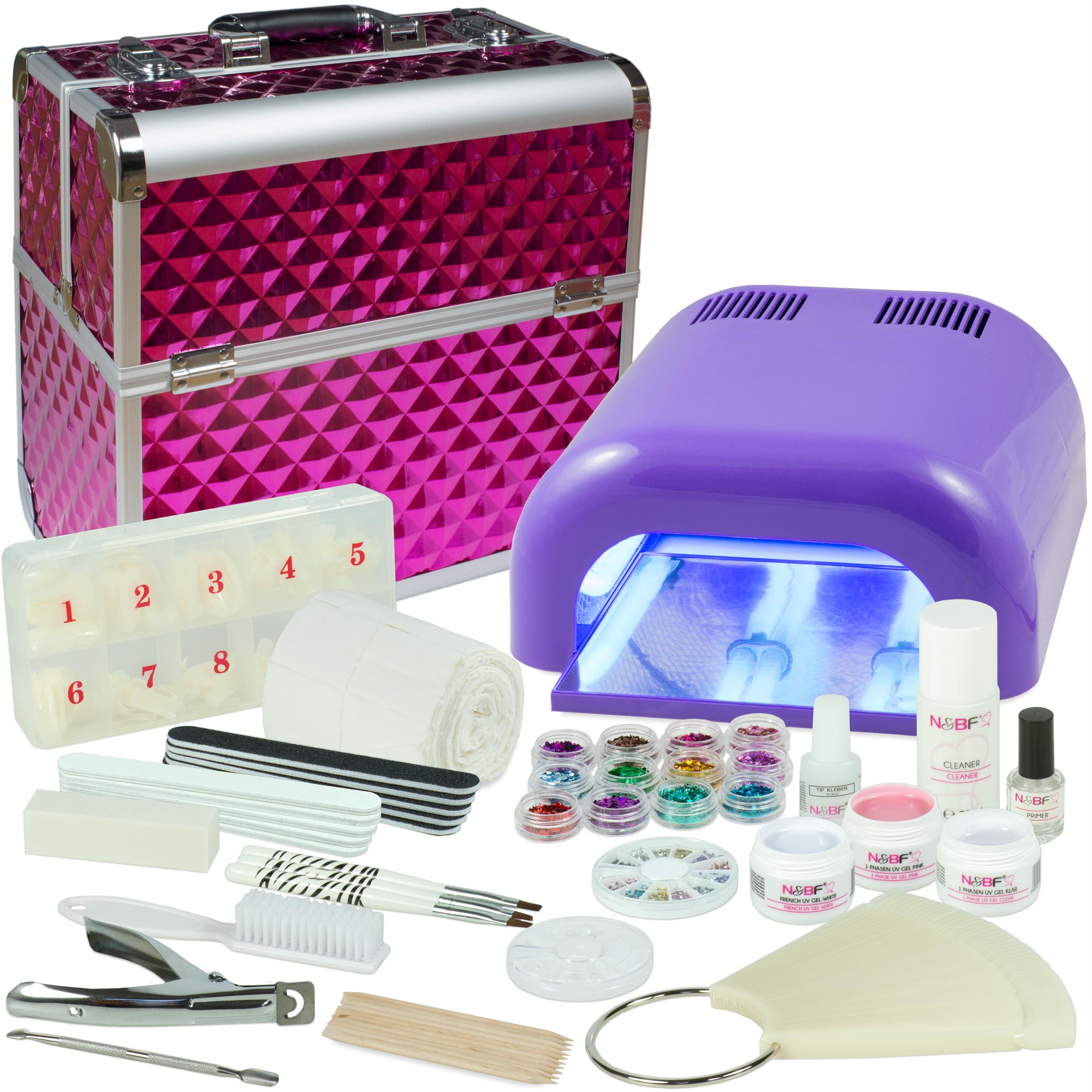 Nails and Beauty Factory Mobiles Nagelstudio Starter Set Lila mit Kosmetikkoffer Diamonds pink