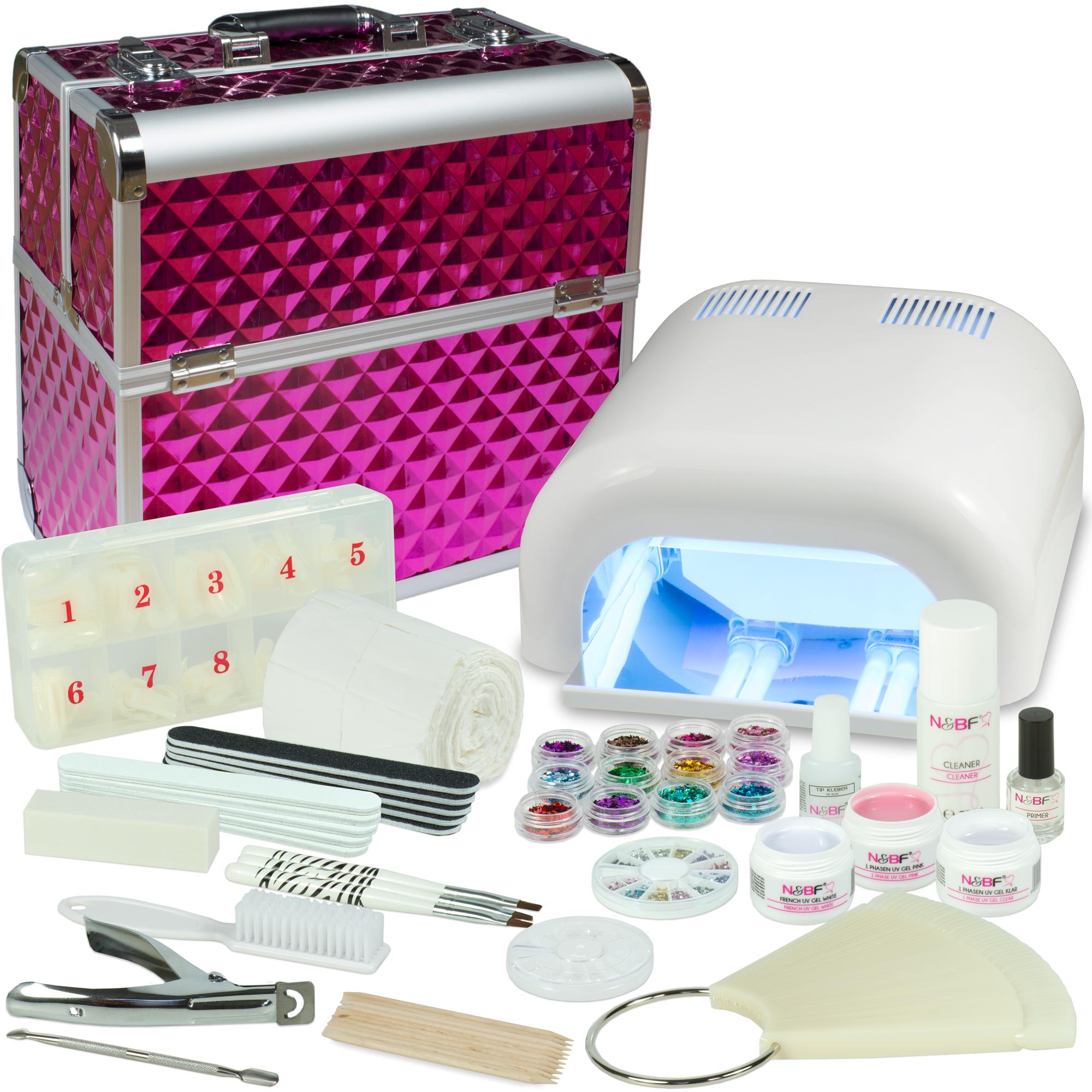 Nails and Beauty Factory Mobiles Nagelstudio Starter Set Weiss mit Kosmetikkoffer Diamonds pink