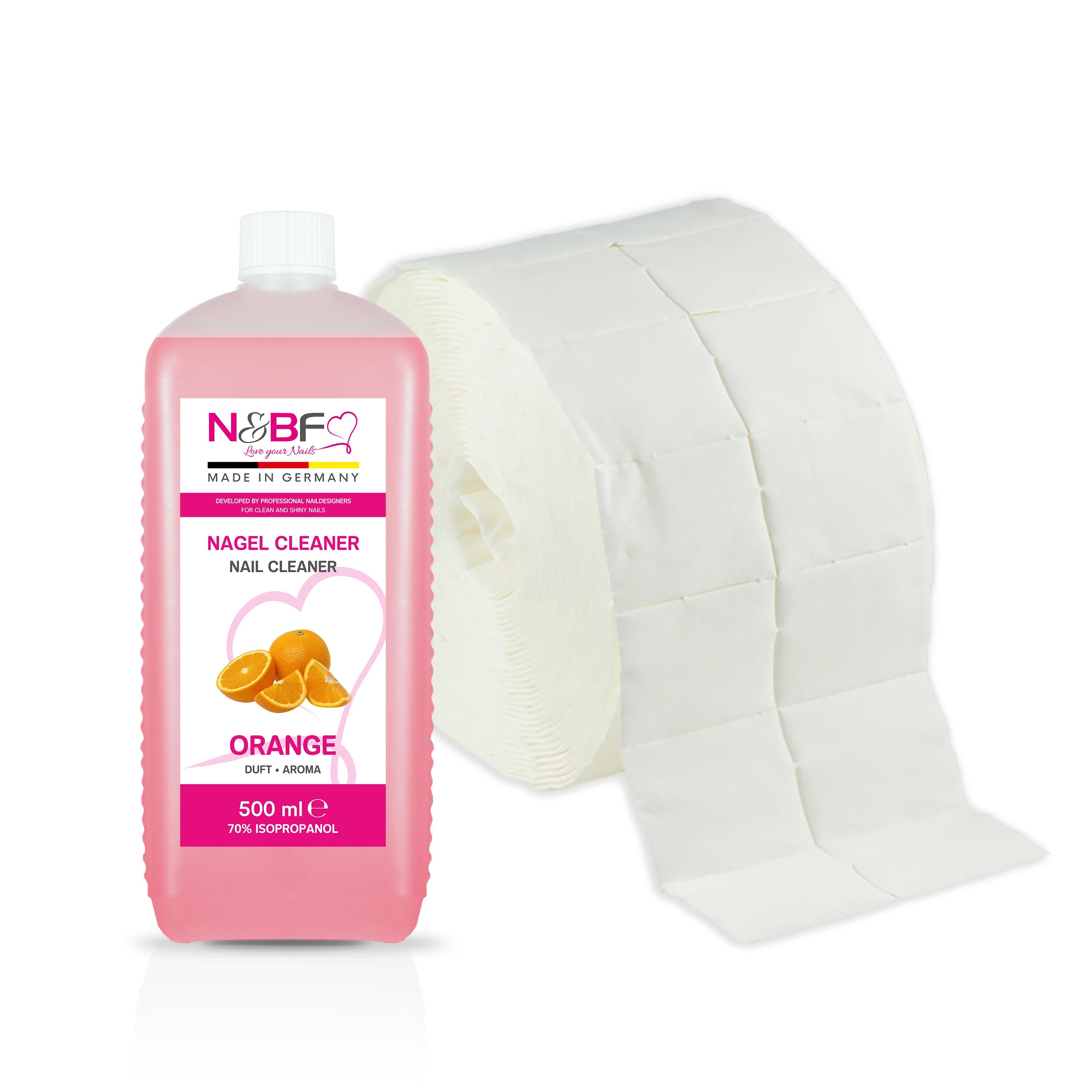 N&BF Nagel Cleaner Orangen Duft 500ml + Zellettenrolle 1000 Stück Produktbild