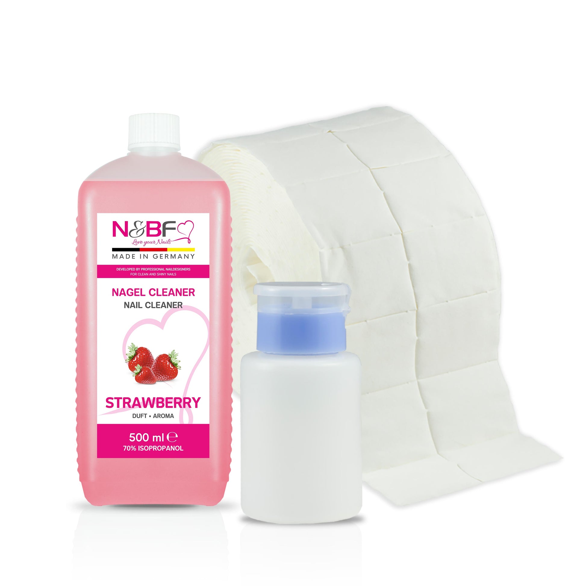 N&BF Nagel Cleaner Erdbeer Duft 500ml  +  Zellettenrolle 1000 Stück & Dispenser Rosa Anwendung und Zubehör