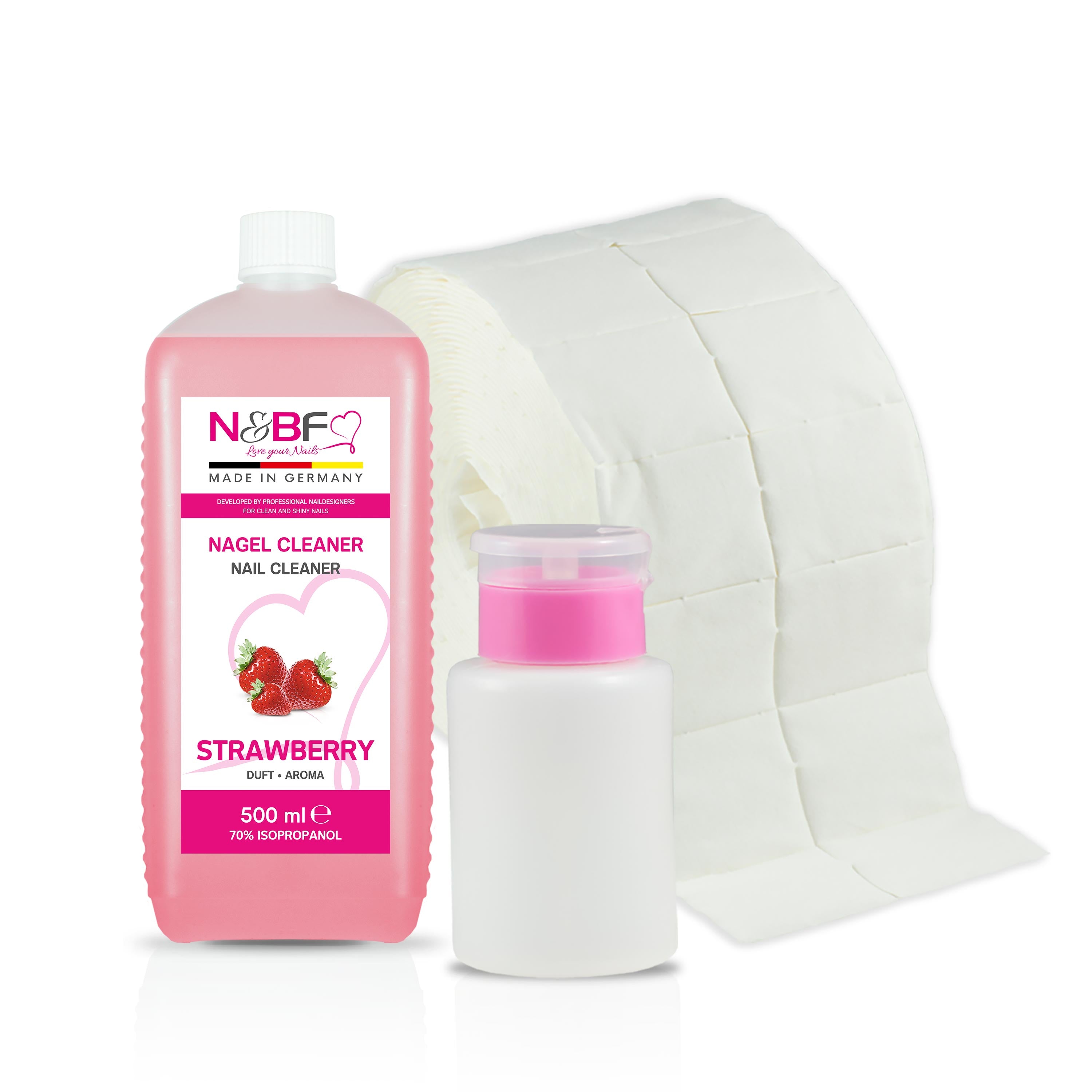 N&BF Nagel Cleaner Erdbeer Duft 500ml  +  Zellettenrolle 1000 Stück & Dispenser Rosa Produktbild