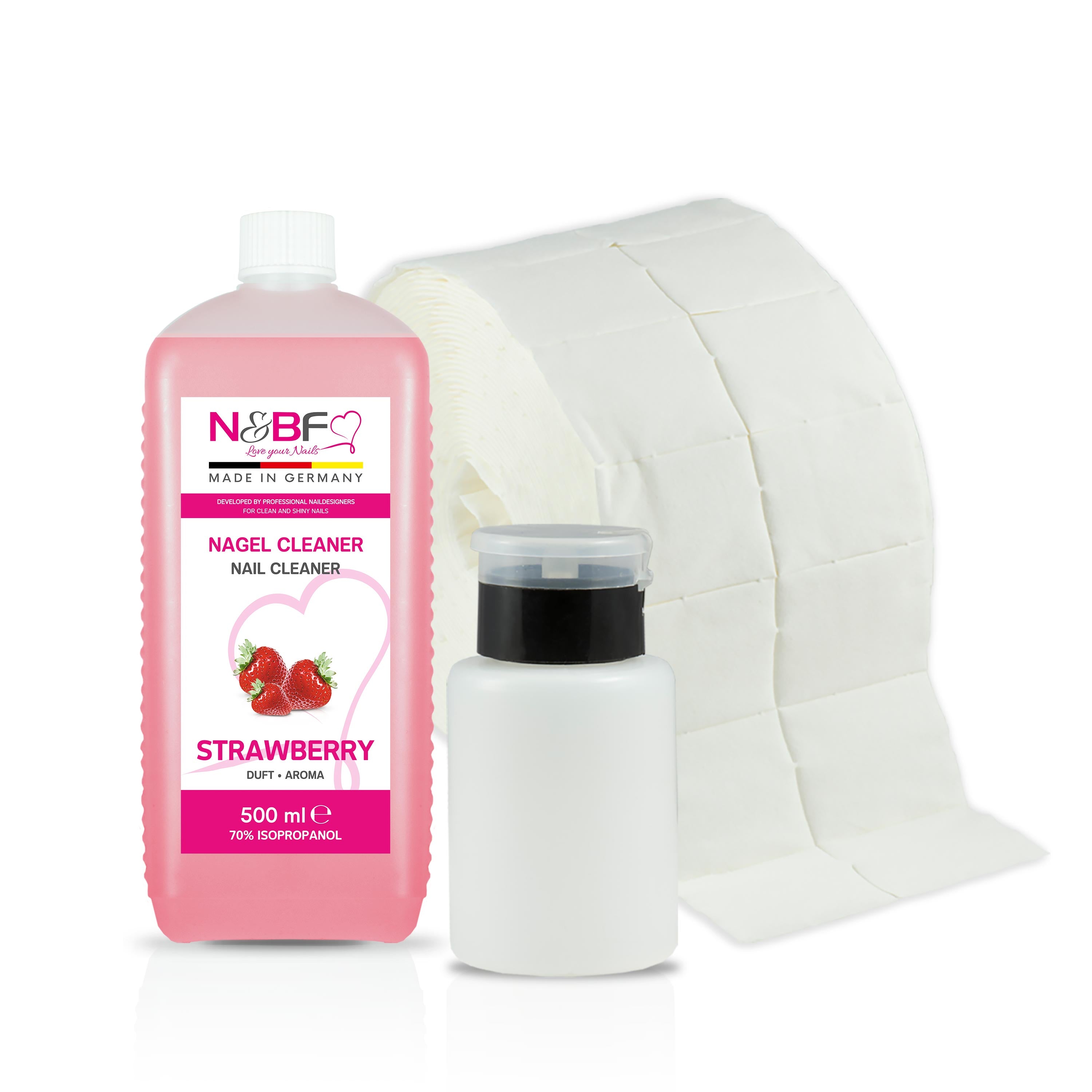 N&BF Nagel Cleaner Erdbeer Duft 500ml  +  Zellettenrolle 1000 Stück & Dispenser Rosa Anwendung und Zubehör