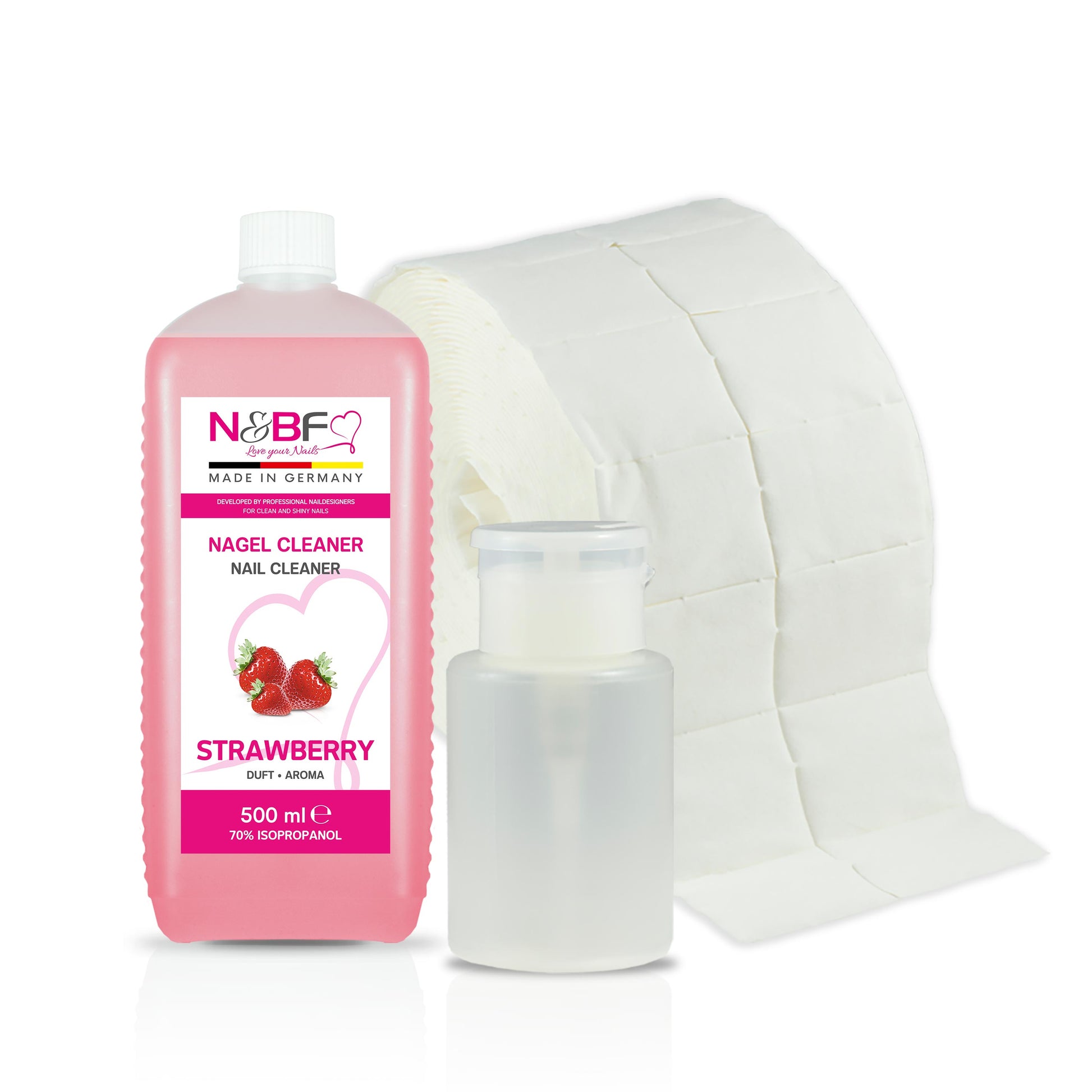 N&BF Nagel Cleaner Erdbeer Duft 500ml  +  Zellettenrolle 1000 Stück & Dispenser Rosa Anwendung und Zubehör