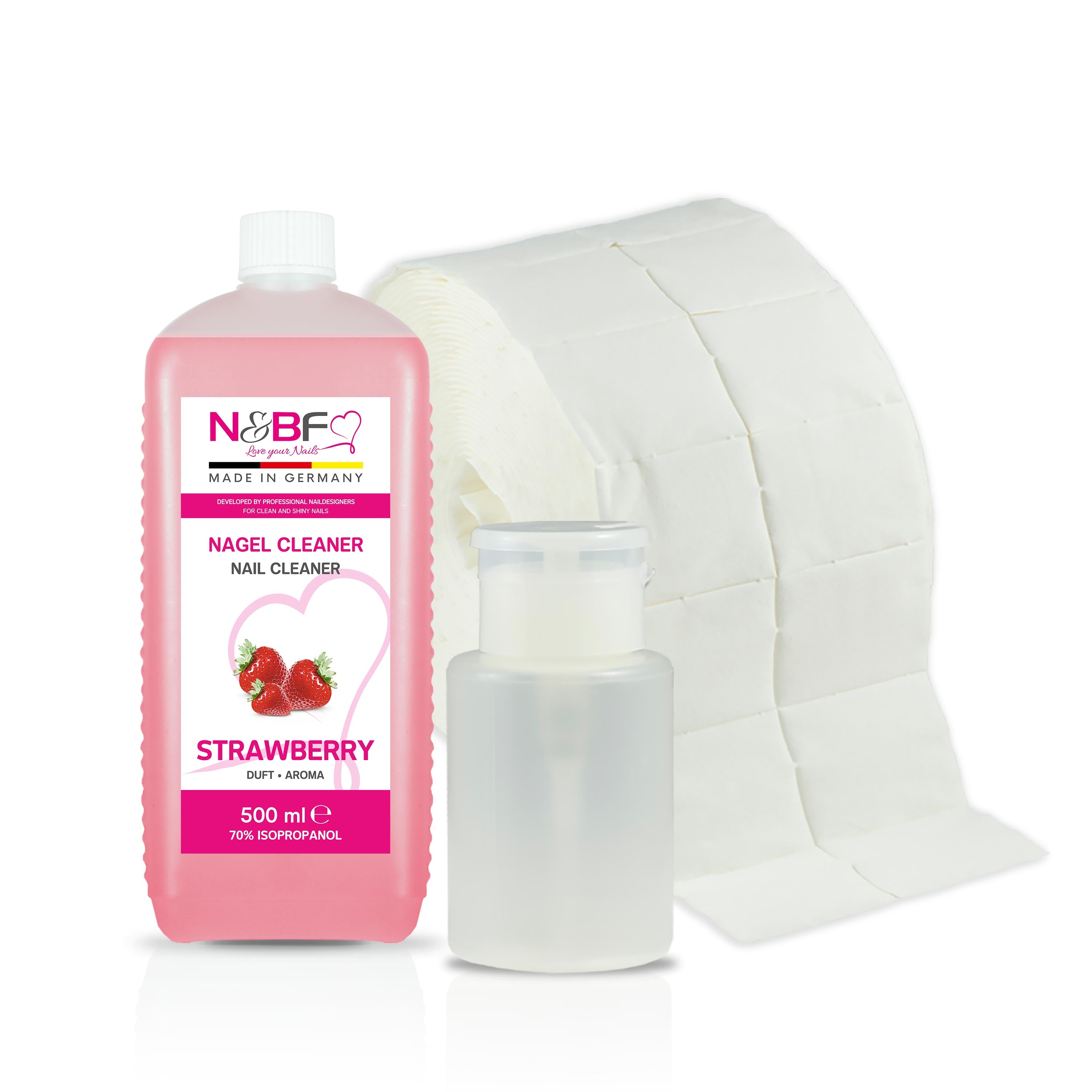 N&BF Nagel Cleaner Erdbeer Duft 500ml  +  Zellettenrolle 1000 Stück & Dispenser Rosa Anwendung und Zubehör