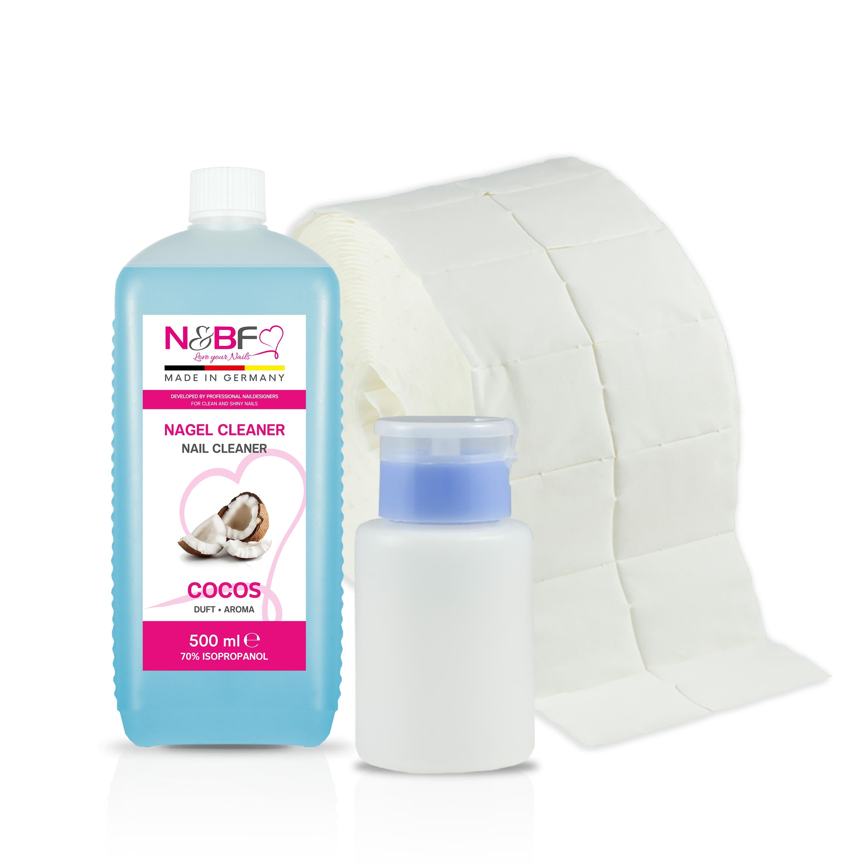 N&BF Nagel Cleaner Kokosnuss Duft 500ml  +  Zellettenrolle 1000 Stück & Dispenser Rosa Anwendung und Zubehör