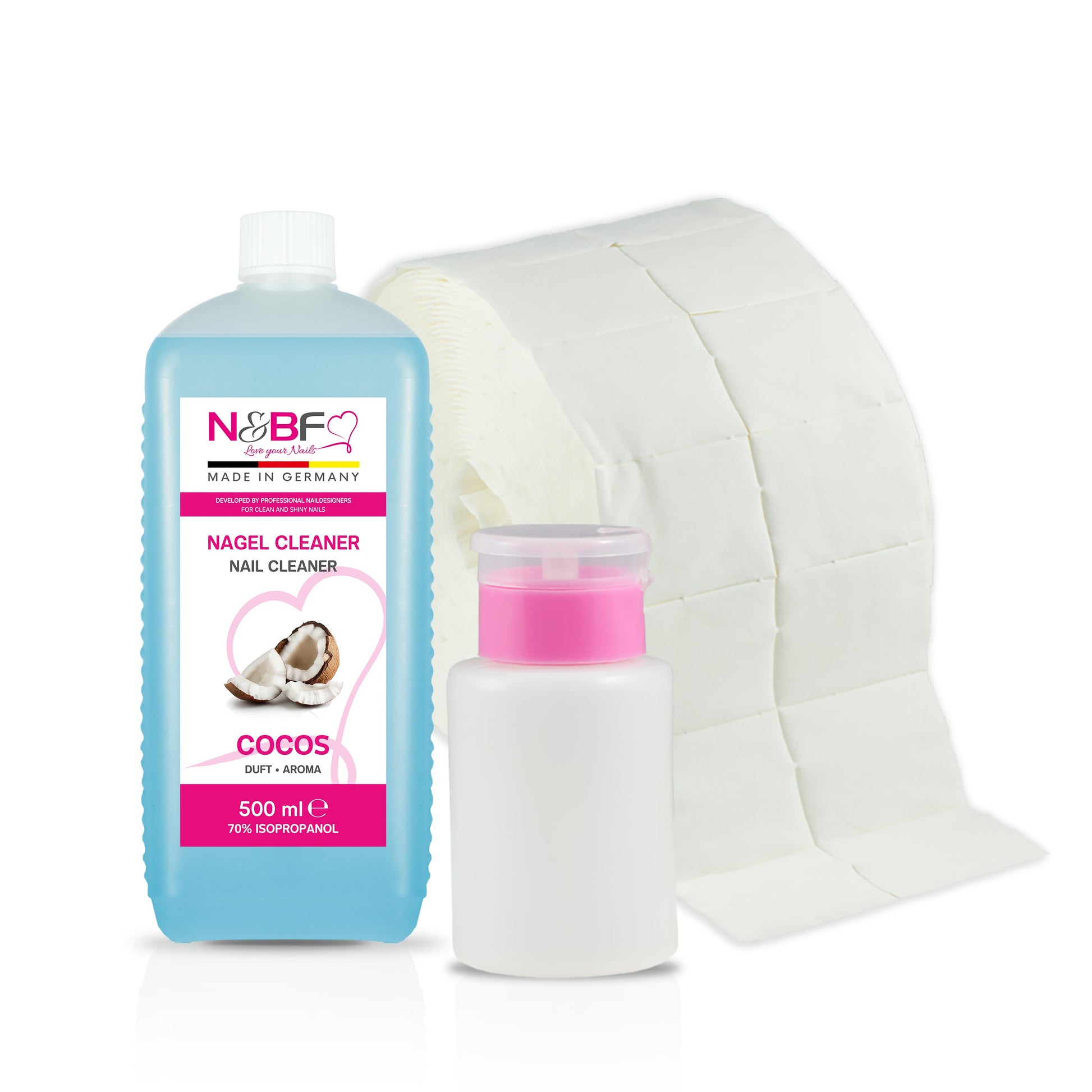 N&BF Nagel Cleaner Kokosnuss Duft 500ml  +  Zellettenrolle 1000 Stück & Dispenser Rosa Produktbild
