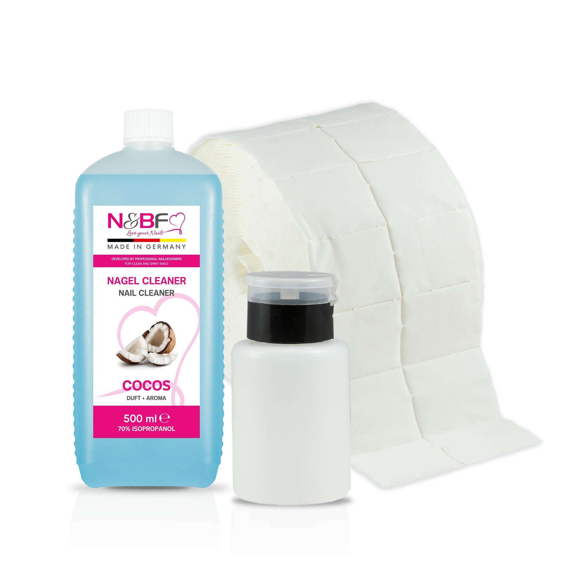 N&BF Nagel Cleaner Kokosnuss Duft 500ml  +  Zellettenrolle 1000 Stück & Dispenser Rosa Anwendung und Zubehör