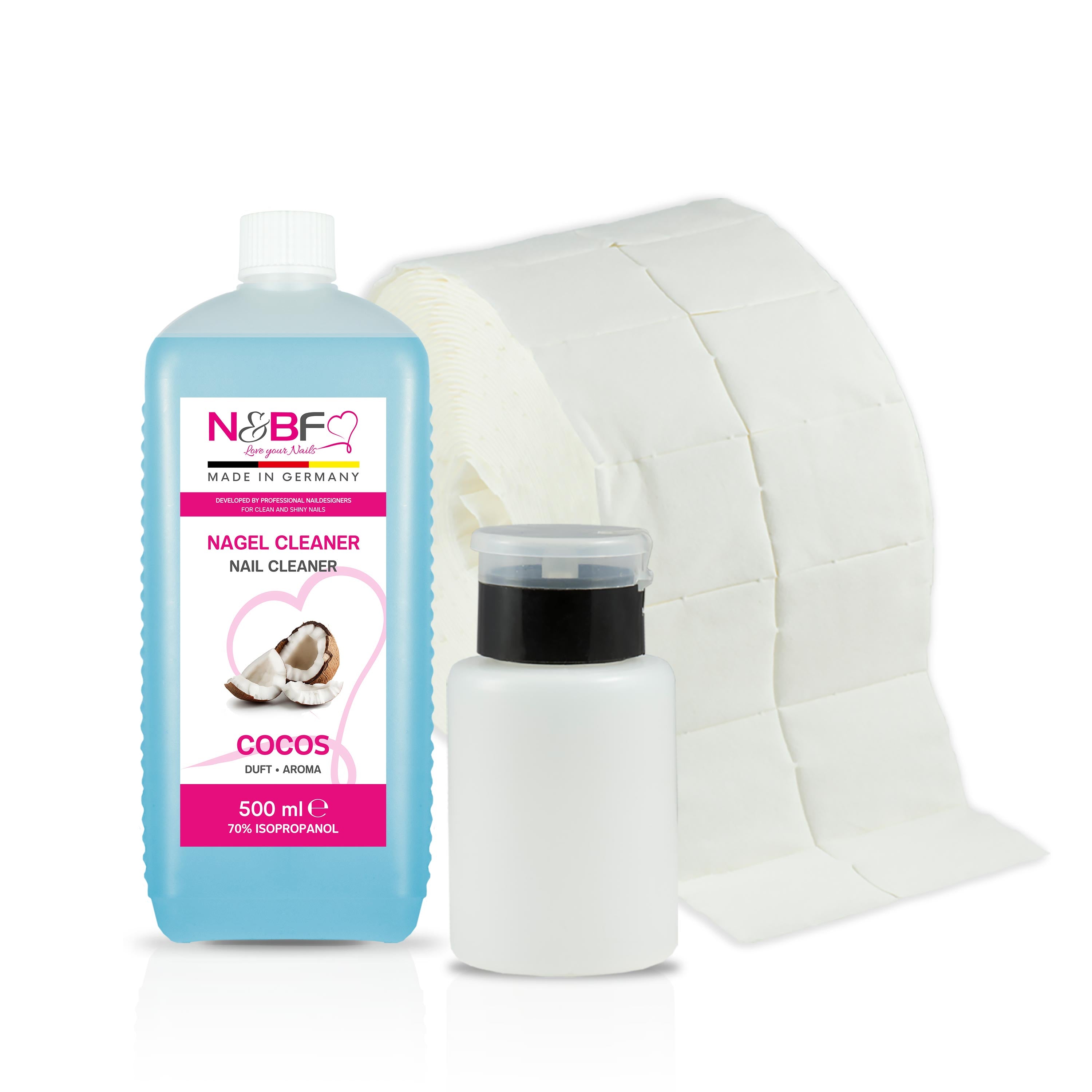 N&BF Nagel Cleaner Kokosnuss Duft 500ml  +  Zellettenrolle 1000 Stück & Dispenser Rosa Anwendung und Zubehör
