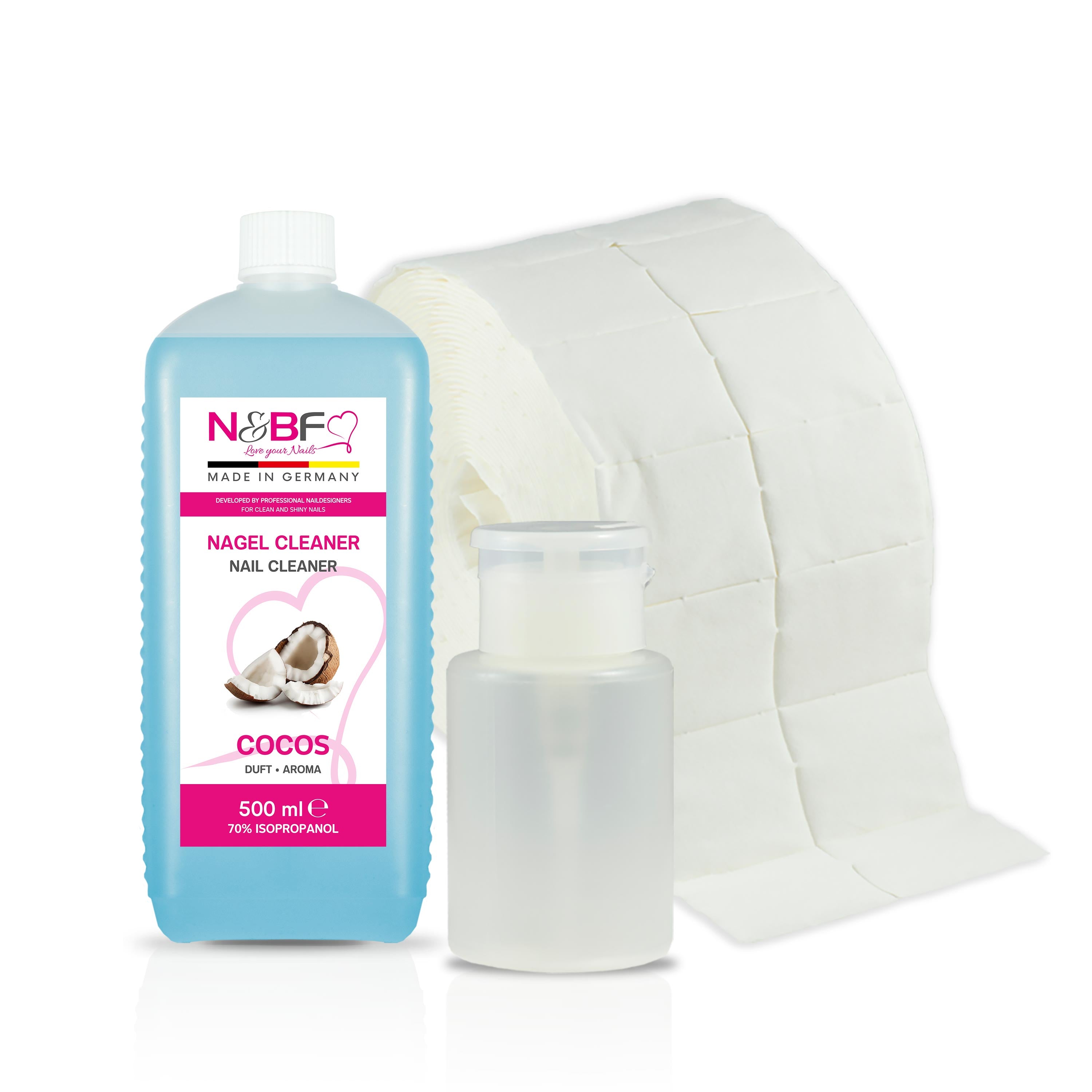 N&BF Nagel Cleaner Kokosnuss Duft 500ml  +  Zellettenrolle 1000 Stück & Dispenser Rosa Anwendung und Zubehör