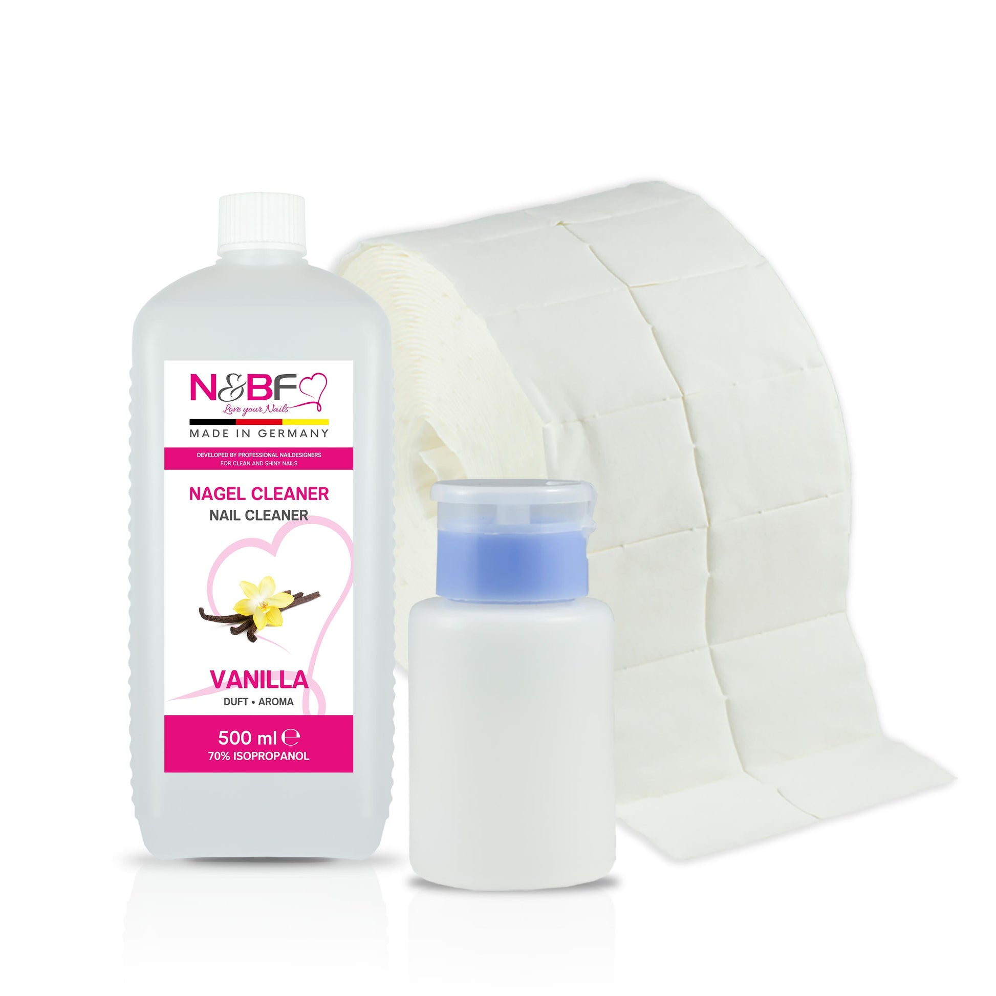N&BF Nagel Cleaner Vanille Duft 500ml  +  Zellettenrolle 1000 Stück & Dispenser Rosa Anwendung und Zubehör