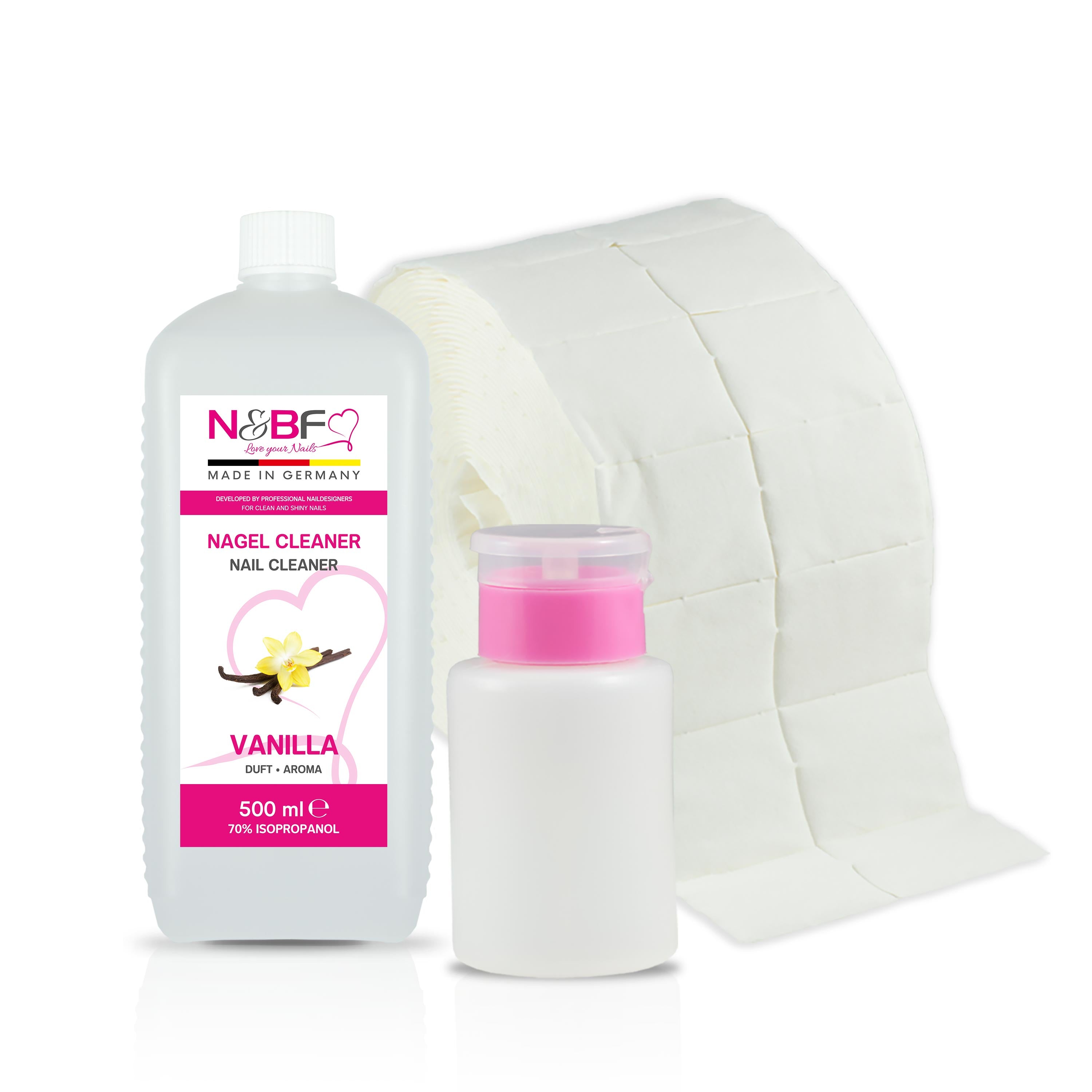 N&BF Nagel Cleaner Vanille Duft 500ml  +  Zellettenrolle 1000 Stück & Dispenser Rosa Produktbild