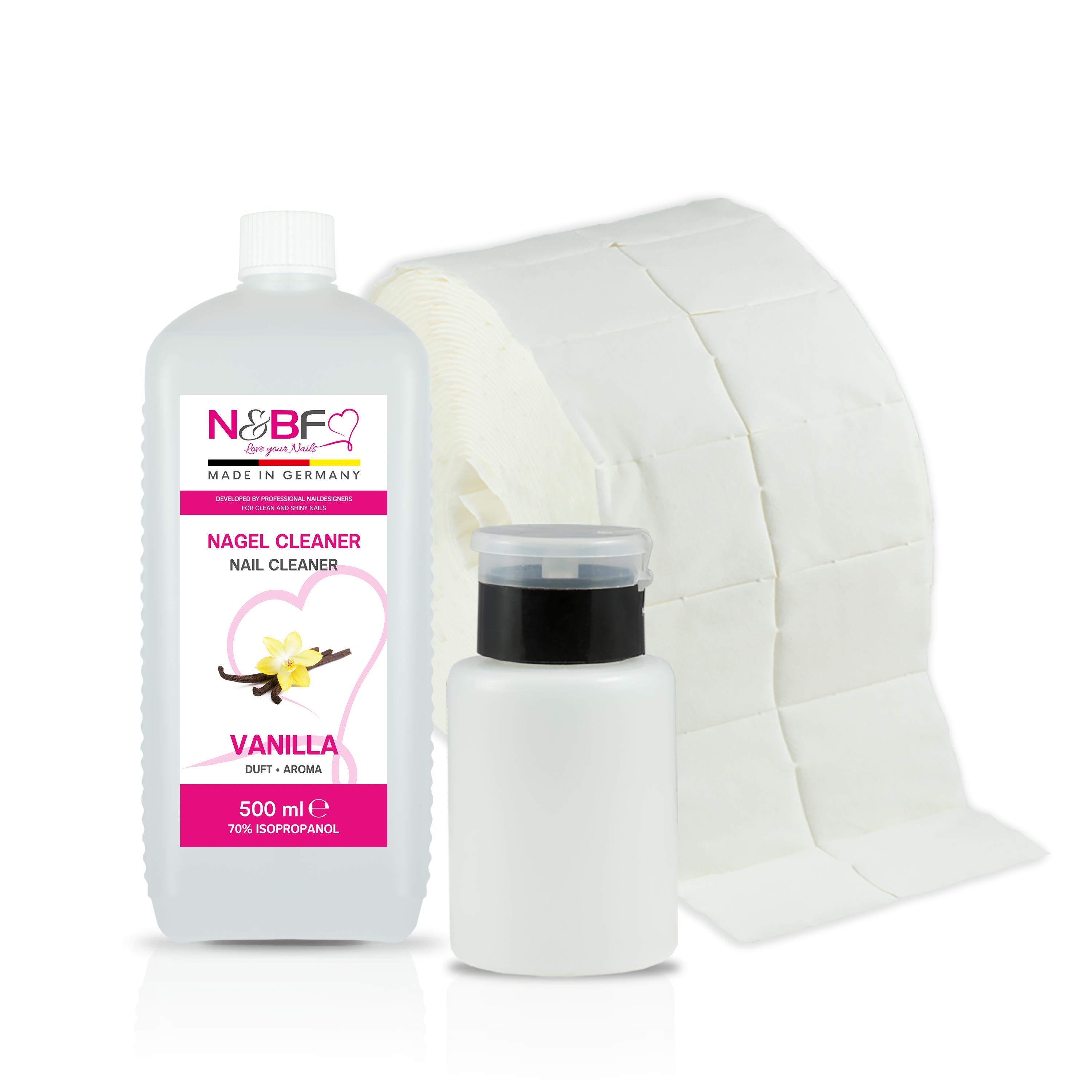 N&BF Nagel Cleaner Vanille Duft 500ml  +  Zellettenrolle 1000 Stück & Dispenser Rosa Anwendung und Zubehör