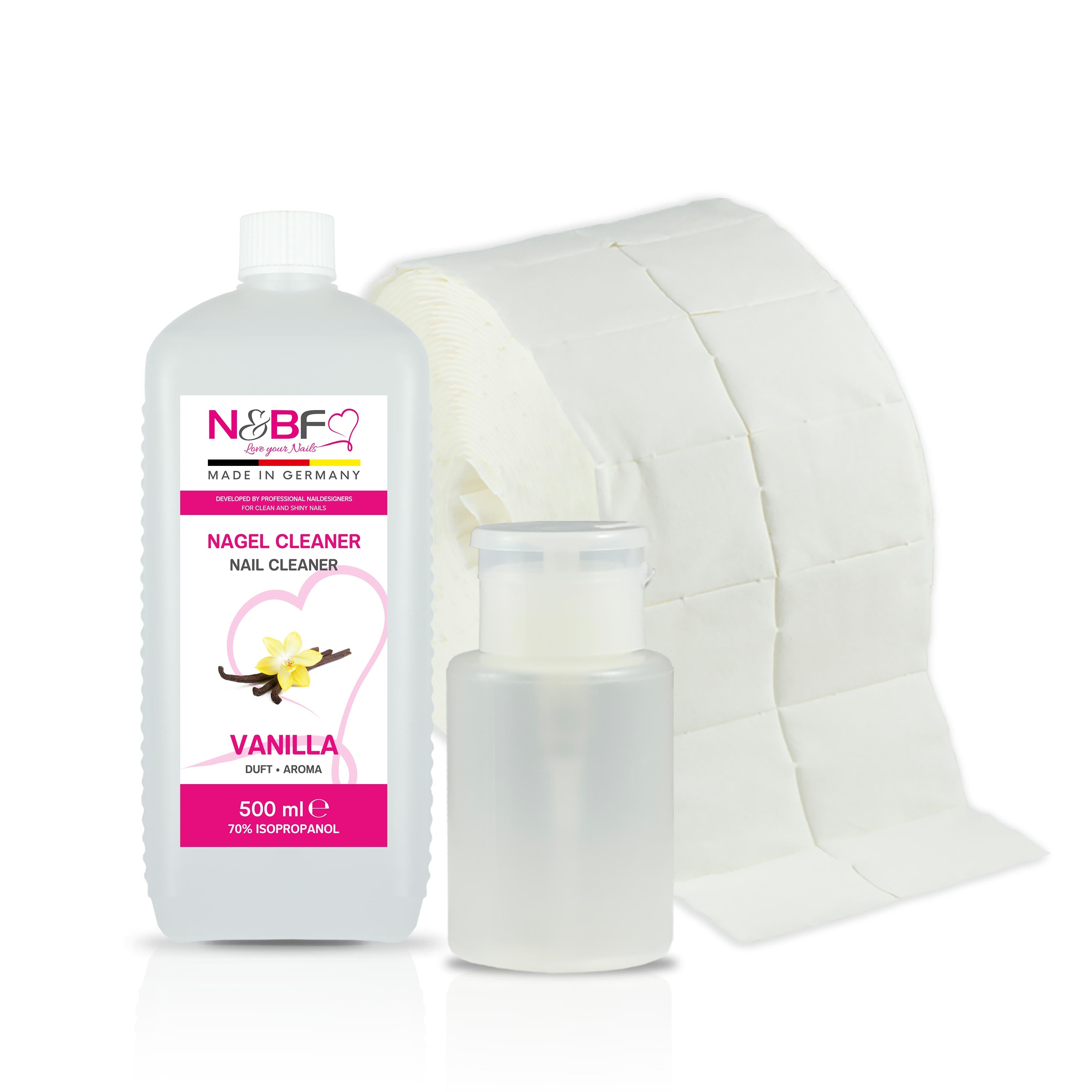 N&BF Nagel Cleaner Vanille Duft 500ml  +  Zellettenrolle 1000 Stück & Dispenser Rosa Anwendung und Zubehör
