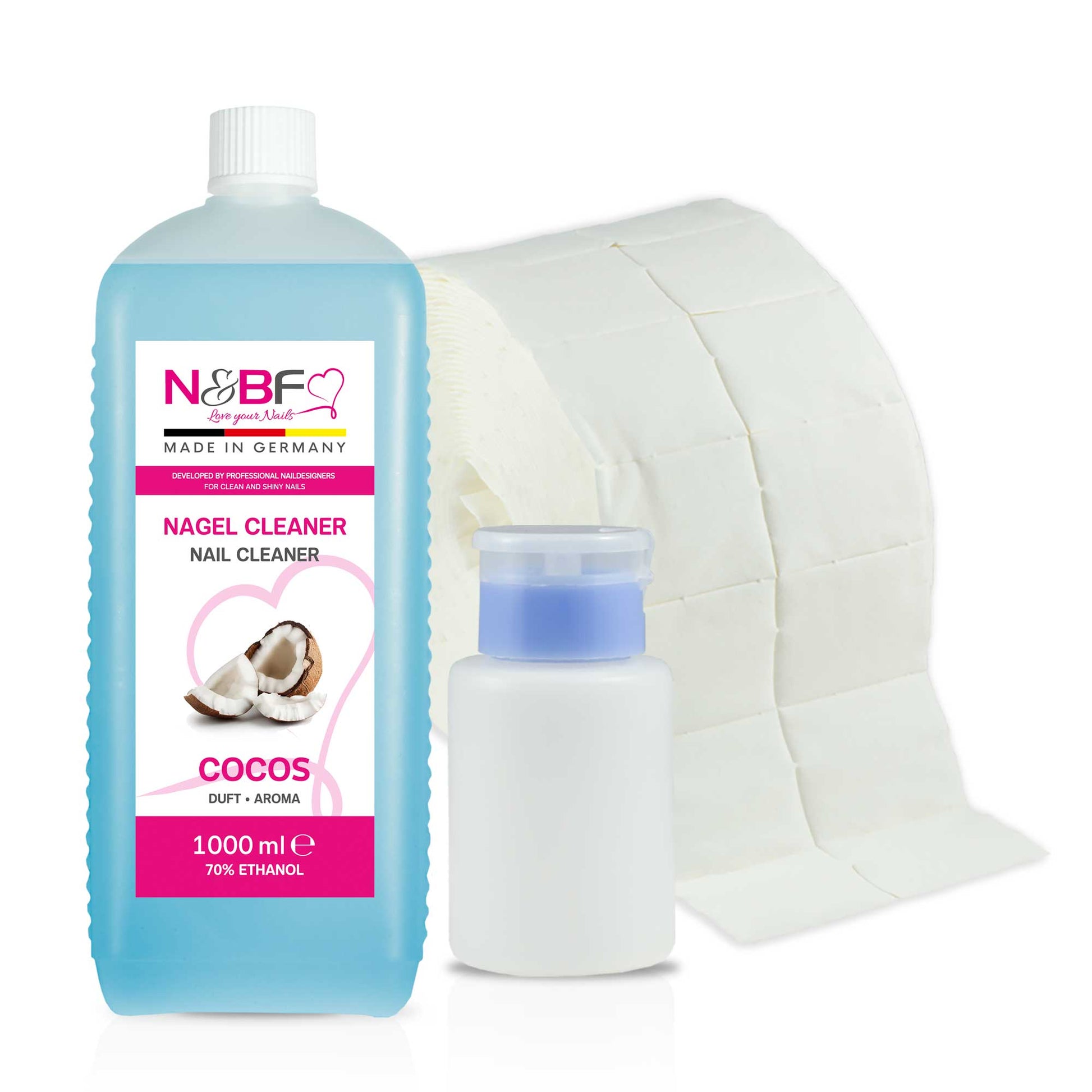 N&BF N&BF Nagel Cleaner all for one Cocos 1000ml  +  Zelletten & Dispenser Blau Produktbild