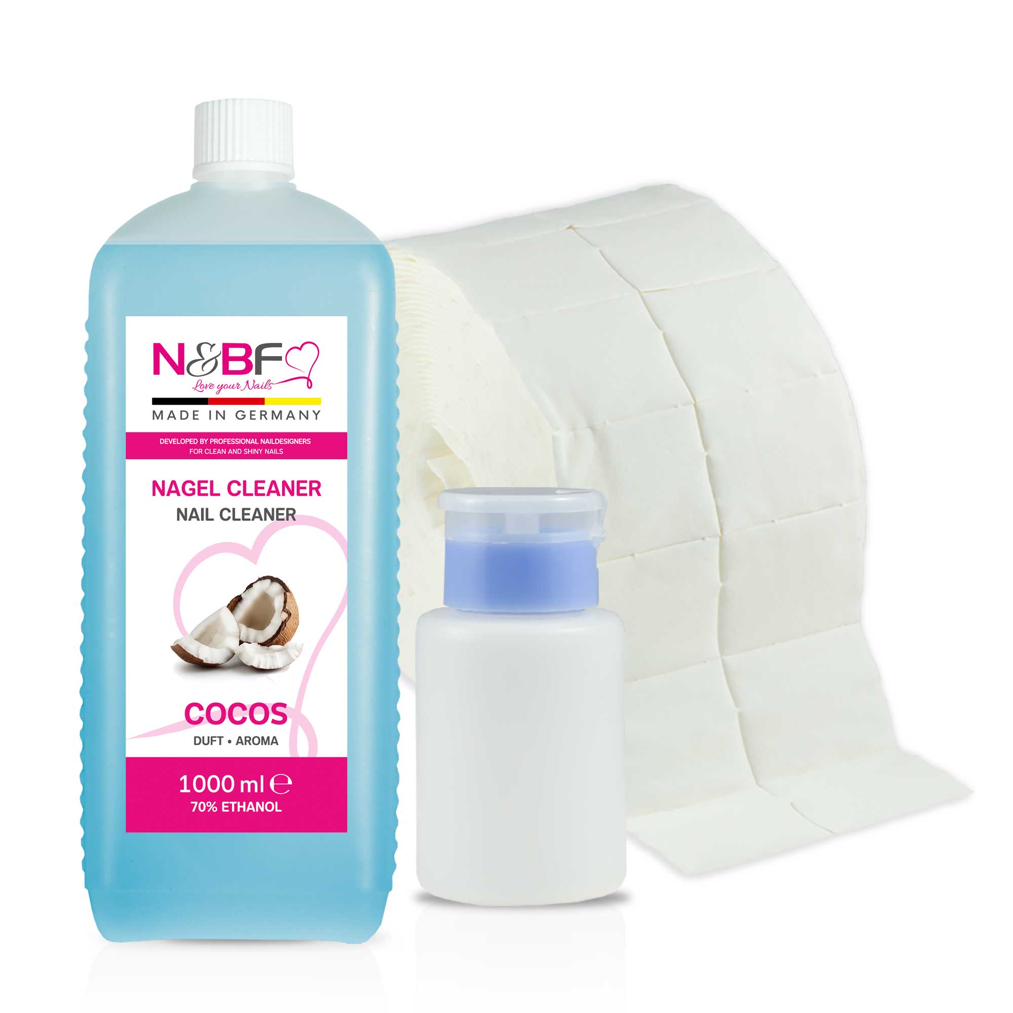 N&BF N&BF Nagel Cleaner all for one Cocos 1000ml  +  Zelletten & Dispenser Blau Produktbild