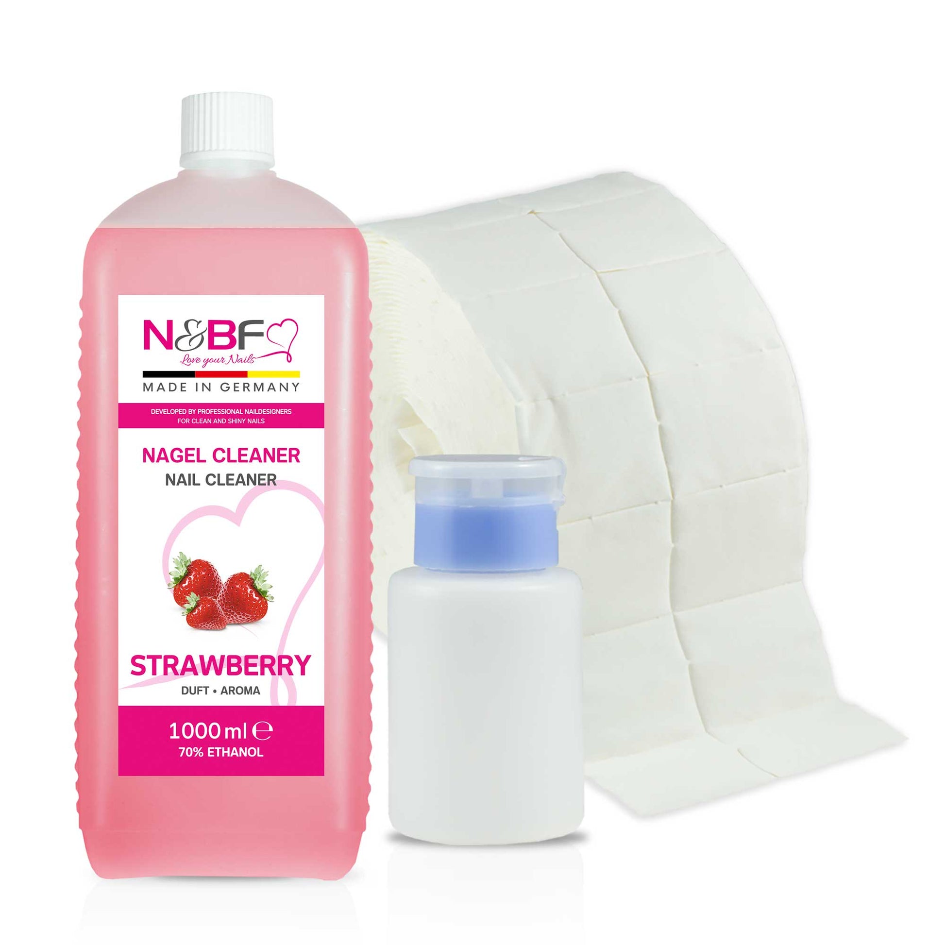 N&BF N&BF Nagel Cleaner all for one Erdbeer 1000ml  +  Zelletten & Dispenser Rosa Anwendung und Zubehör