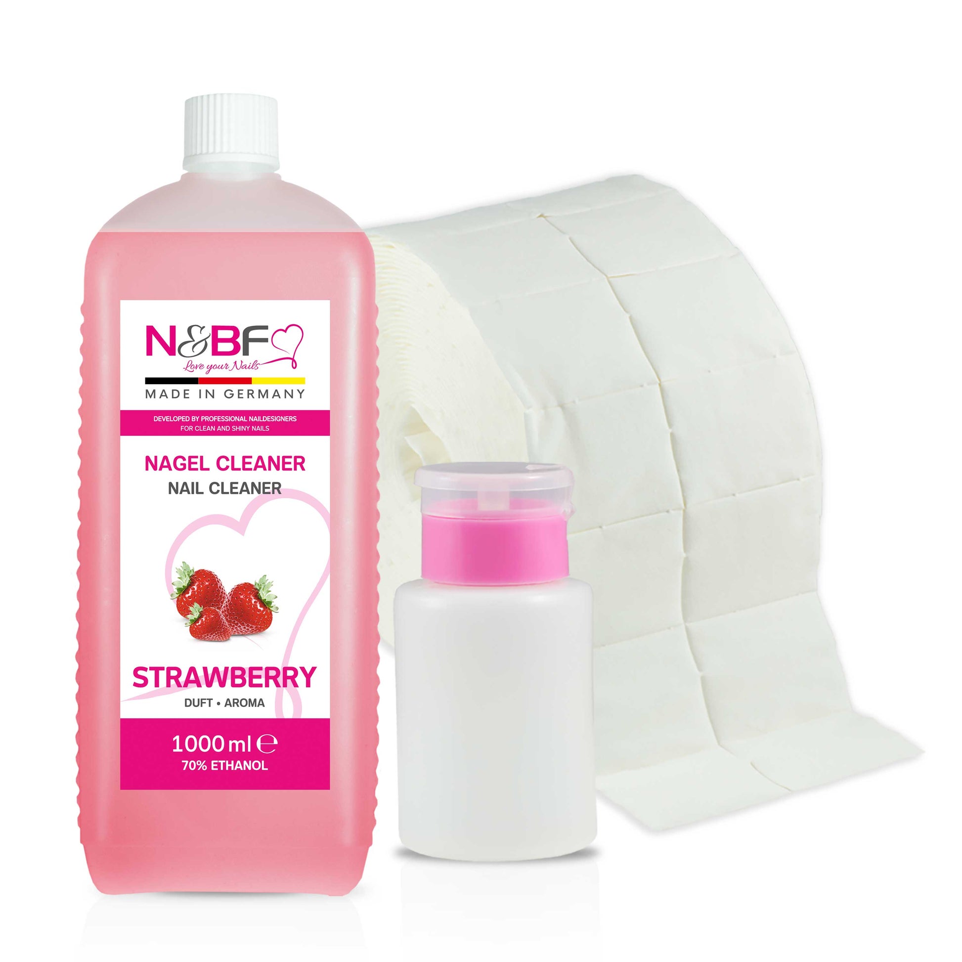 N&BF N&BF Nagel Cleaner all for one Erdbeer 1000ml  +  Zelletten & Dispenser Rosa Produktbild