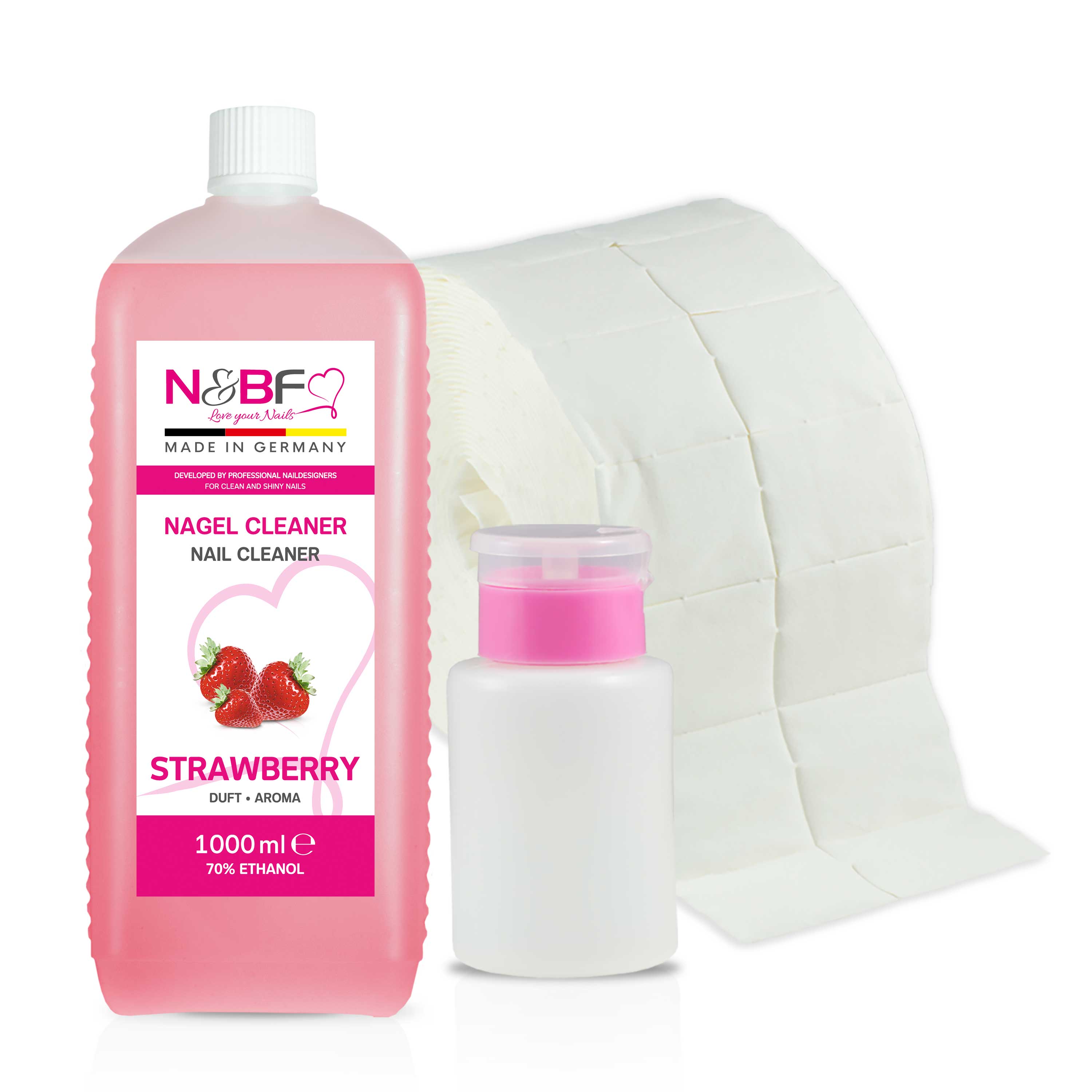 N&BF N&BF Nagel Cleaner all for one Erdbeer 1000ml  +  Zelletten & Dispenser Rosa Produktbild