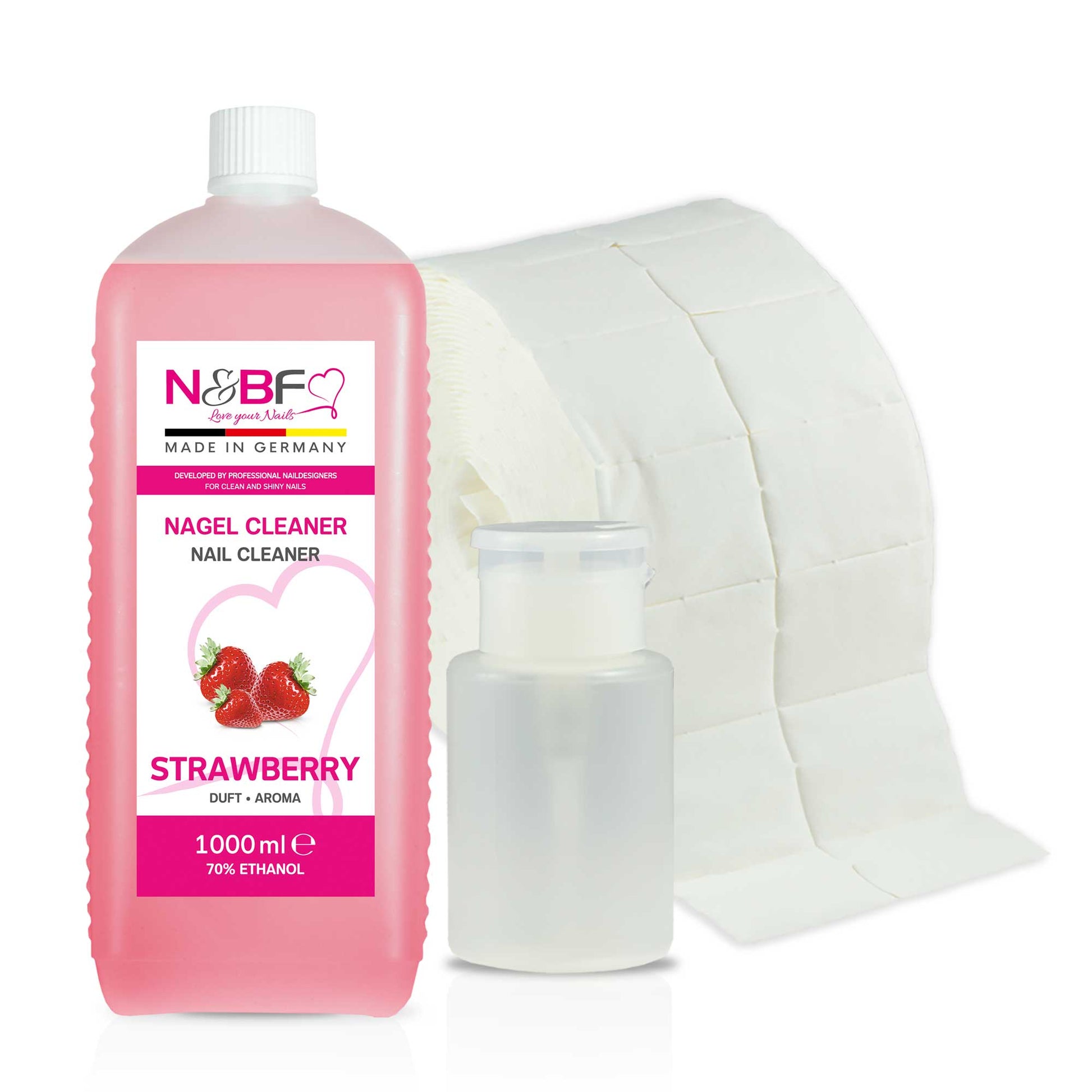 N&BF N&BF Nagel Cleaner all for one Erdbeer 1000ml  +  Zelletten & Dispenser Rosa Anwendung und Zubehör