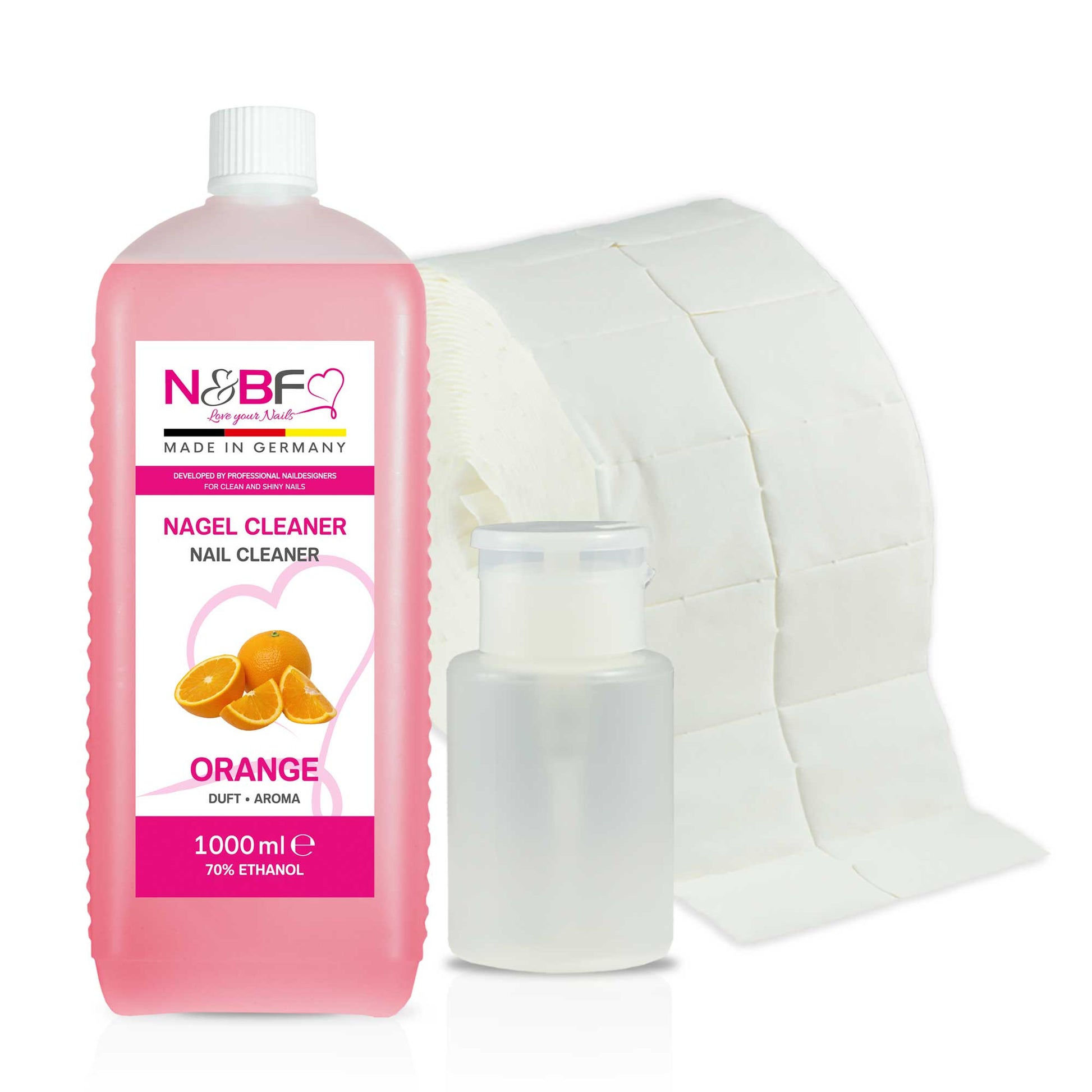 N&BF N&BF Nagel Cleaner all for one Orange 1000ml  +  Zelletten & Dispenser Rosa Anwendung und Zubehör