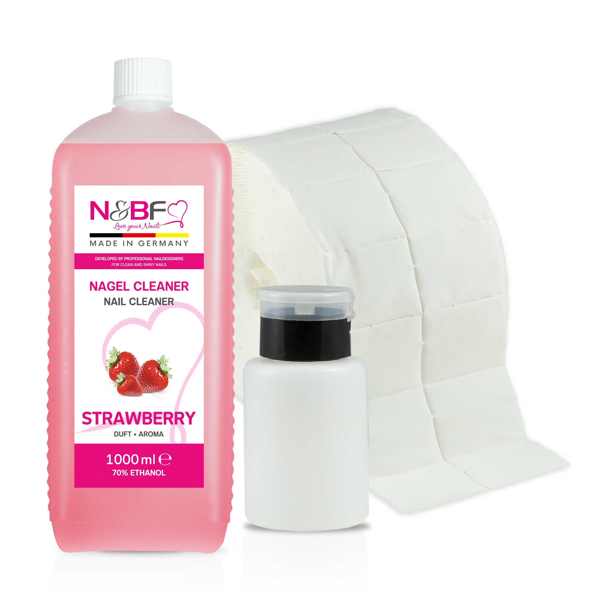 N&BF N&BF Nagel Cleaner all for one Erdbeer 1000ml  +  Zelletten & Dispenser Rosa Anwendung und Zubehör