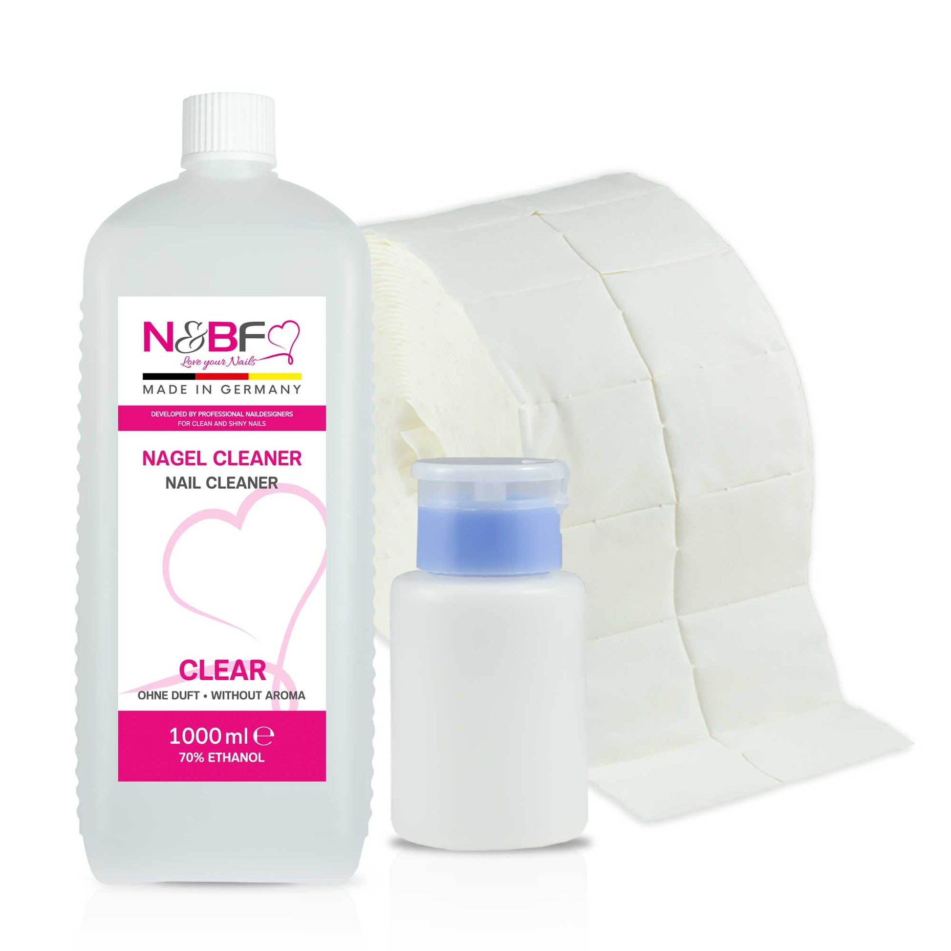 N&BF N&BF Nagel Cleaner all for one klar 1000ml  +  Zelletten & Dispenser Blau Produktbild
