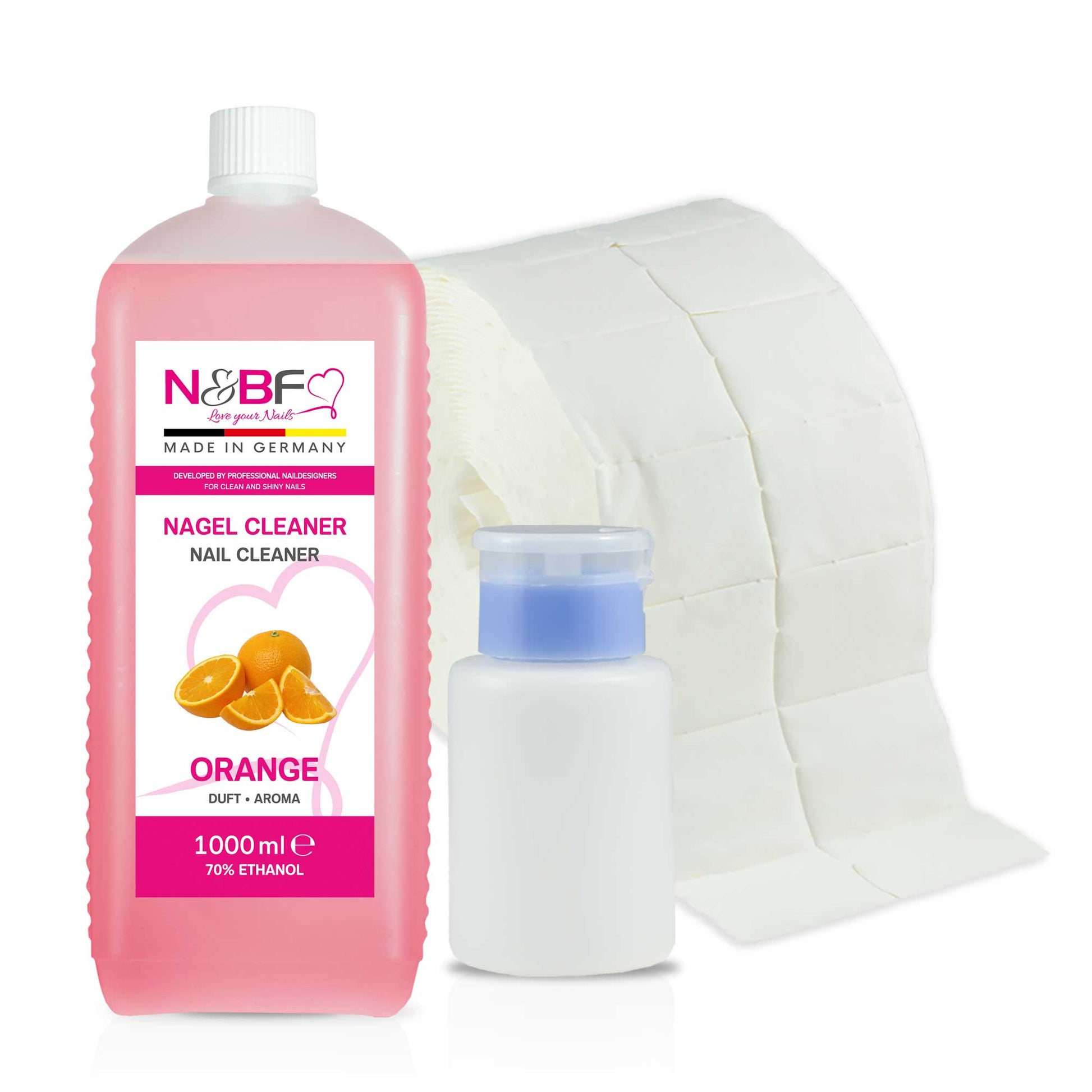 N&BF N&BF Nagel Cleaner all for one Orange 1000ml  +  Zelletten & Dispenser Rosa Anwendung und Zubehör