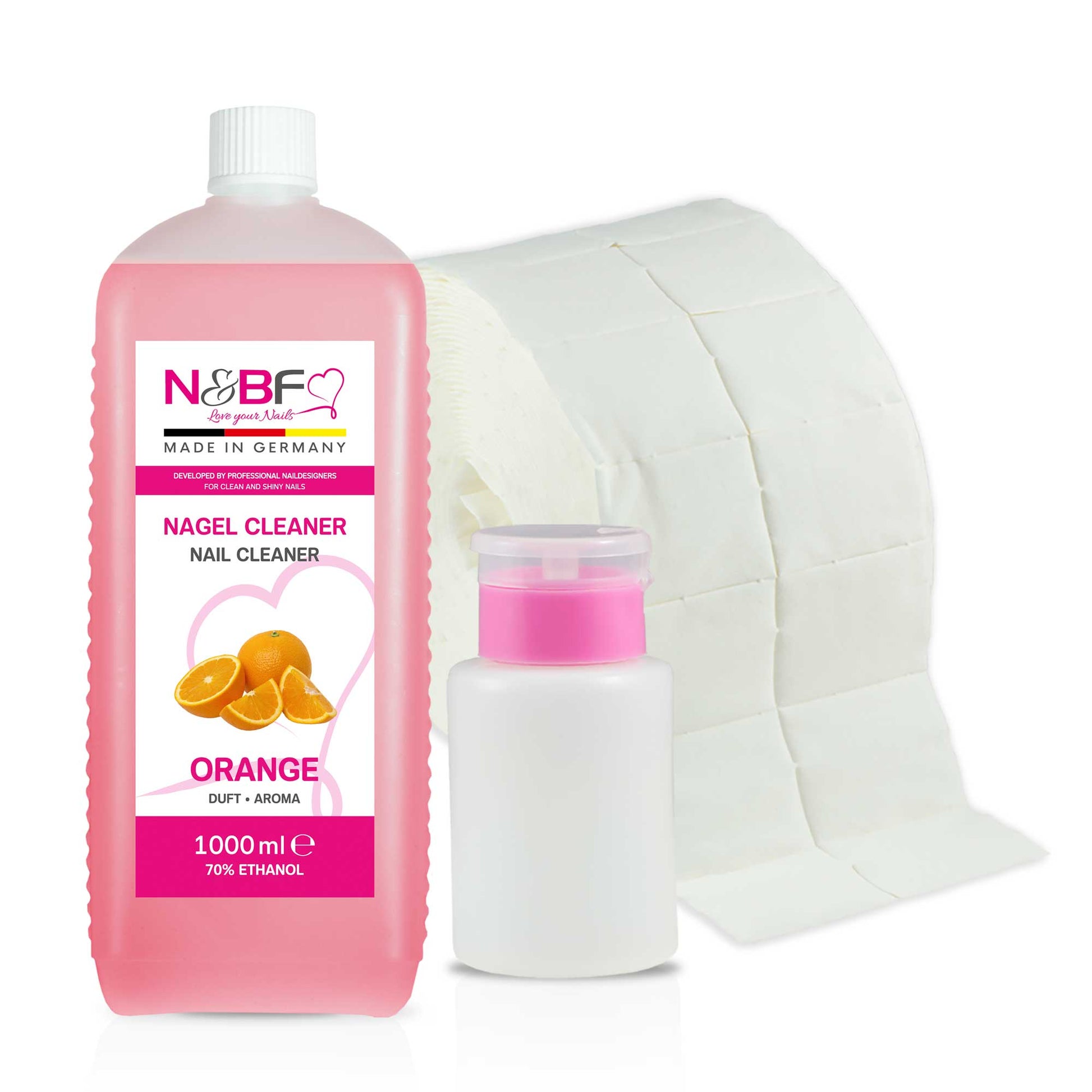 N&BF N&BF Nagel Cleaner all for one Orange 1000ml  +  Zelletten & Dispenser Rosa Produktbild